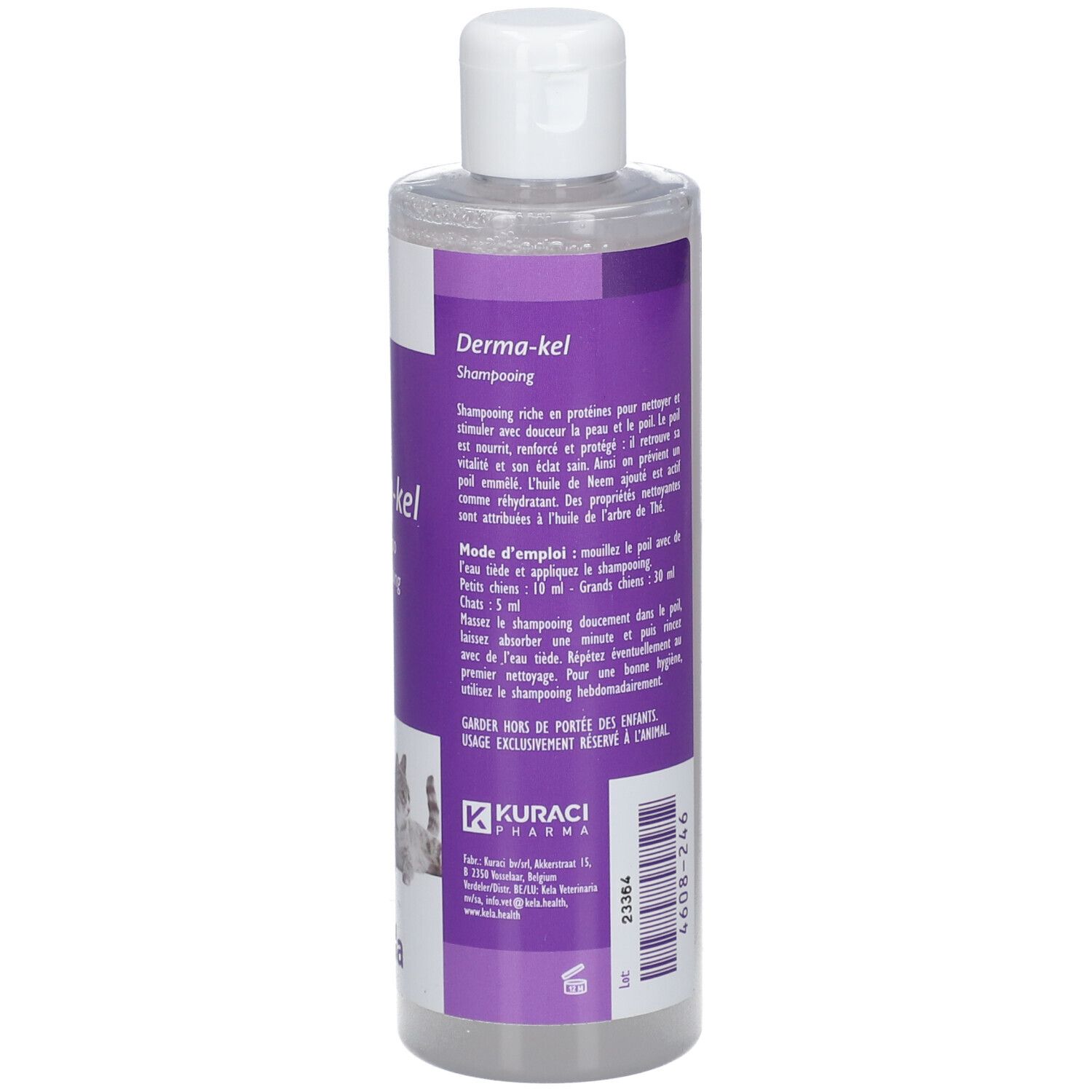 Kela Derma-kel Shampooing Flasche. Rückseite mit Text in mehreren Sprachen. Hunde- und Katzenabbildung.