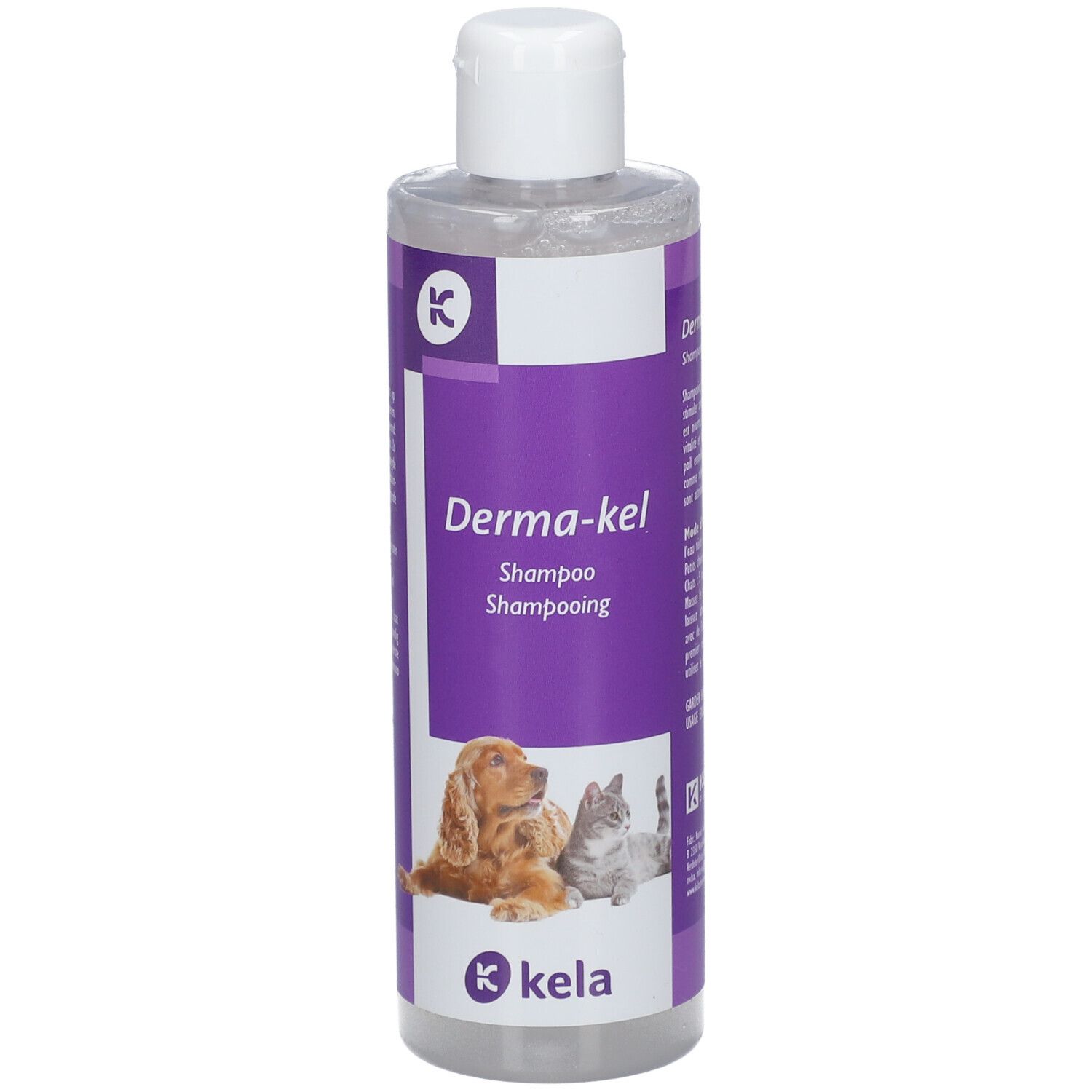 Kela Derma-kel Shampooing Flasche. Weißer Deckel, lila Etikett mit Produktnamen und Logos. Hunde- und Katzenabbildung.