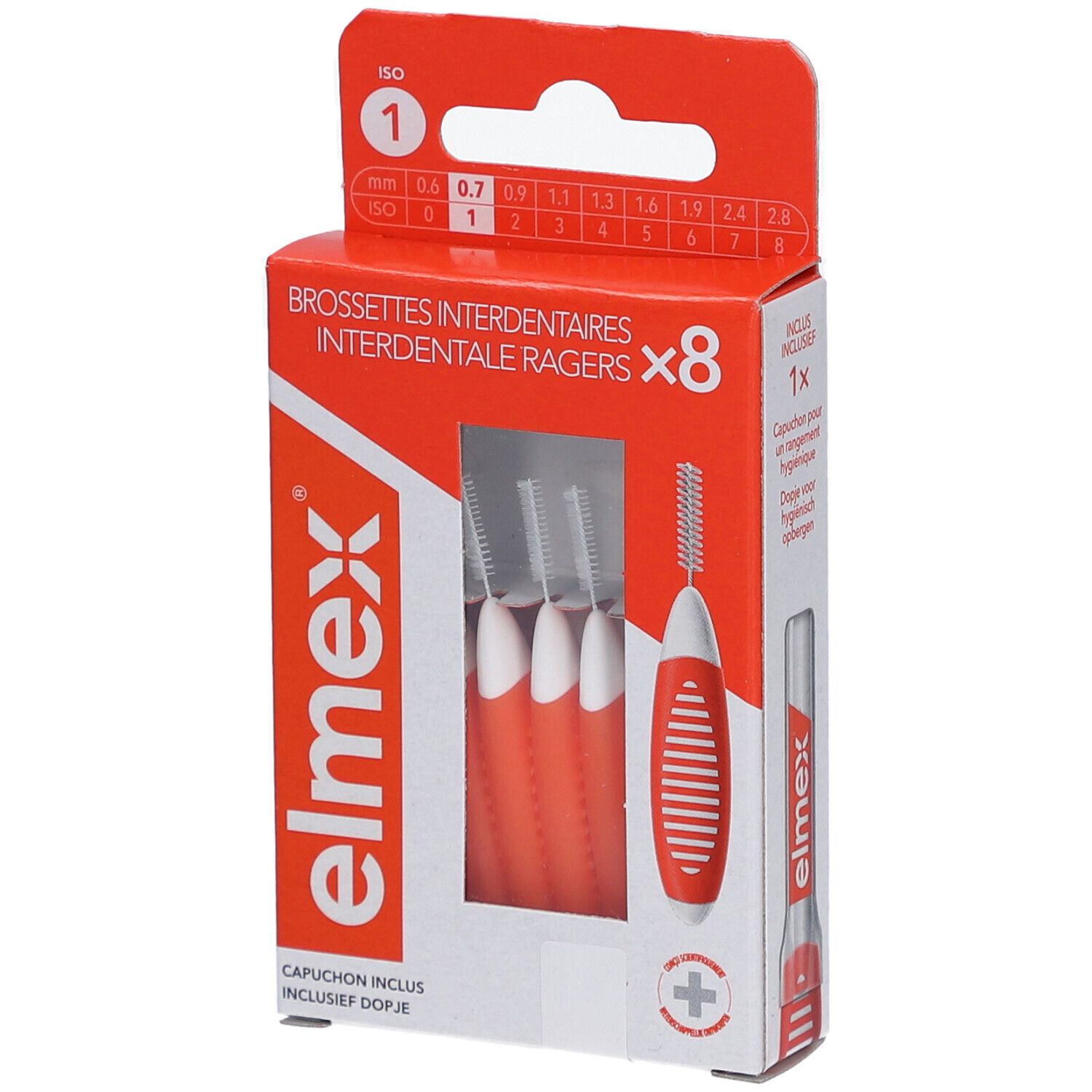 Elmex Interdentalbürsten-Set. Rote und weiße Bürsten in Verpackung. 8 Stück. ISO 1, 0,7 mm.