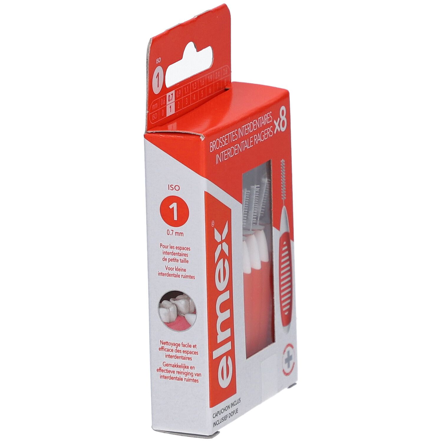 Elmex Interdentalbürsten-Set. Rote Verpackung mit Bürsten. ISO 1, 0,7 mm. Elmex Logo.