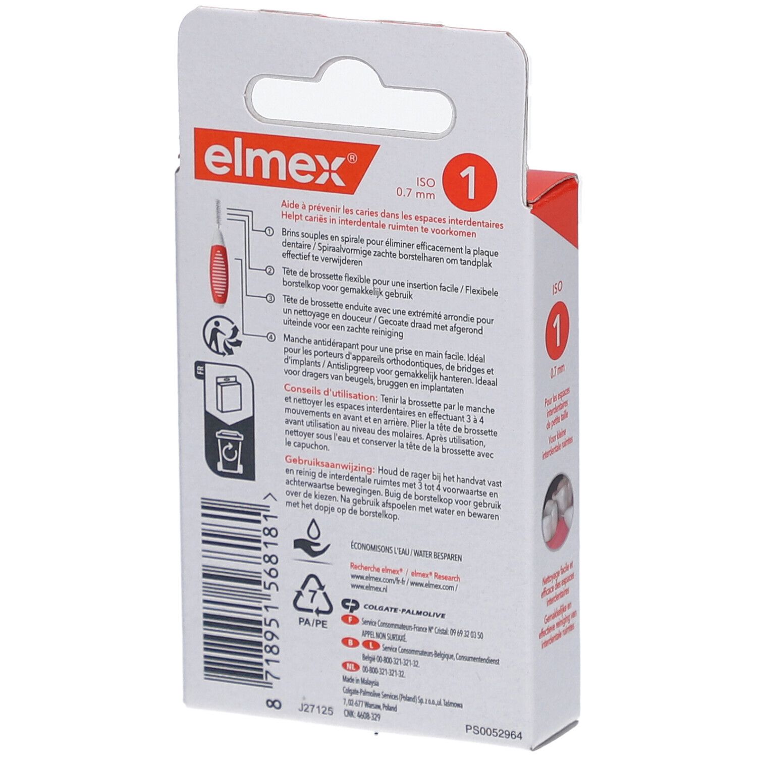 Rückseite der Elmex Interdentalbürsten-Verpackung. Informationen und Anwendungshinweise. Elmex Logo.