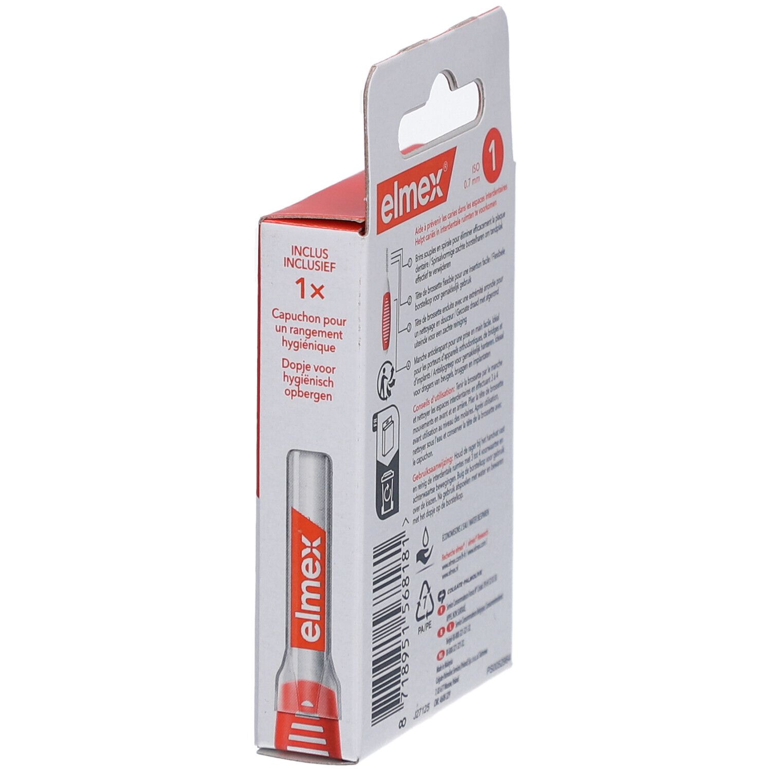 Elmex Interdentalbürsten-Verpackung. Enthält eine Schutzkappe. Elmex Logo. Anwendungshinweise.