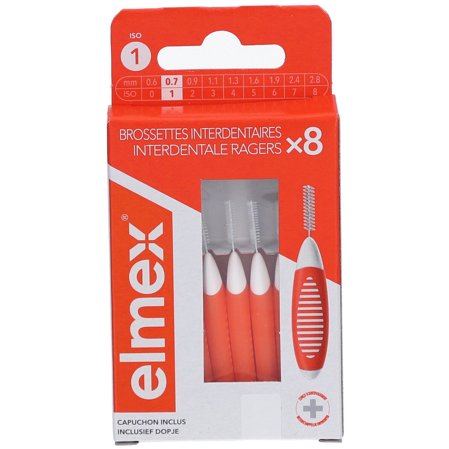 Elmex Interdentalbürsten-Set. Rote und weiße Bürsten in Verpackung. 8 Stück. ISO 1, 0,7 mm.