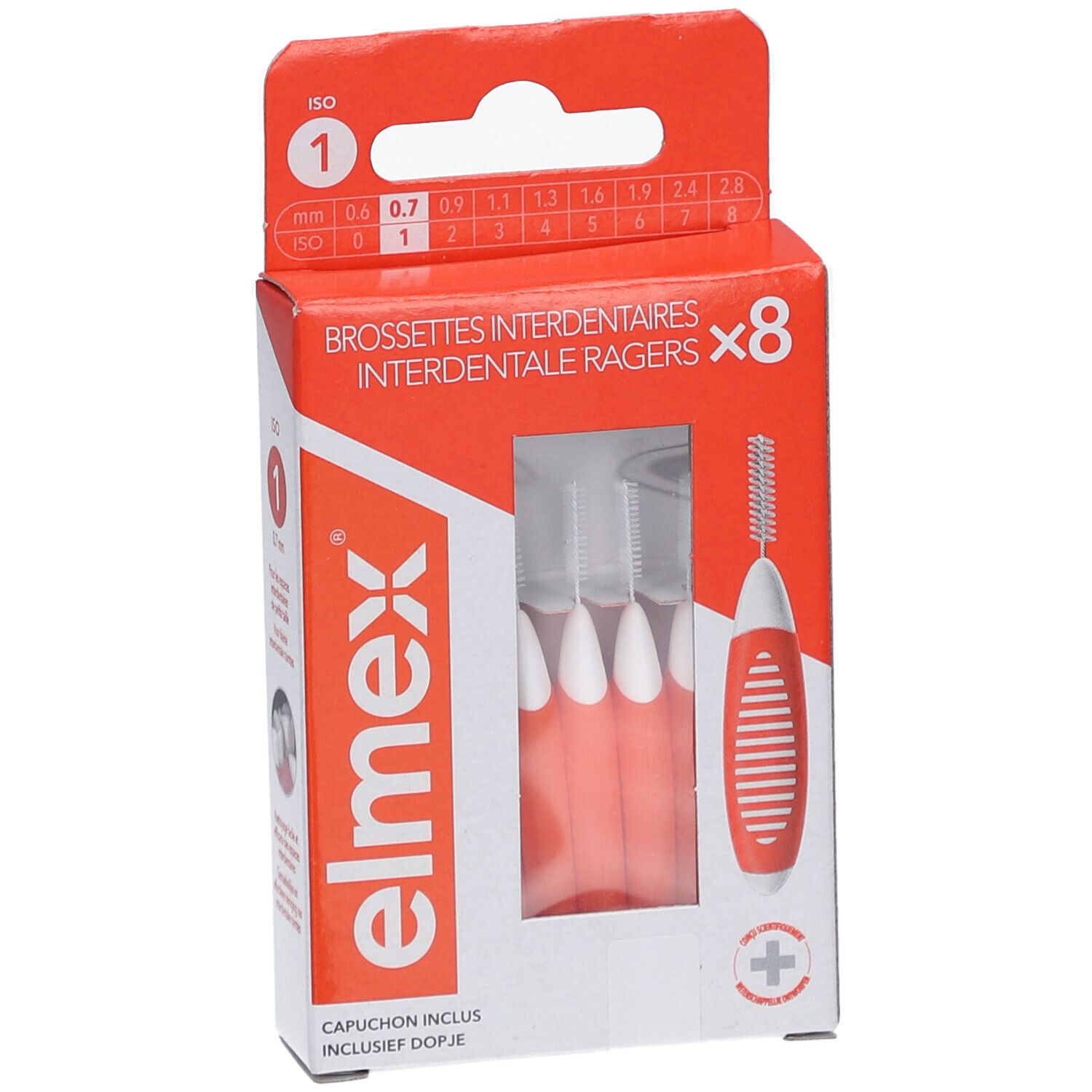 Elmex Interdentalbürsten-Set. Rote und weiße Bürsten in Verpackung. 8 Stück. ISO 1, 0,7 mm.