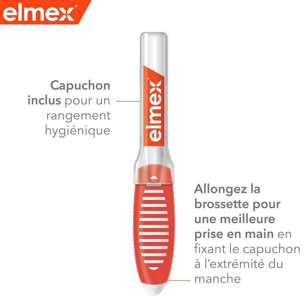 Logo Elmex. Illustration de la brossette. Tête flexible, manche ergonomique.