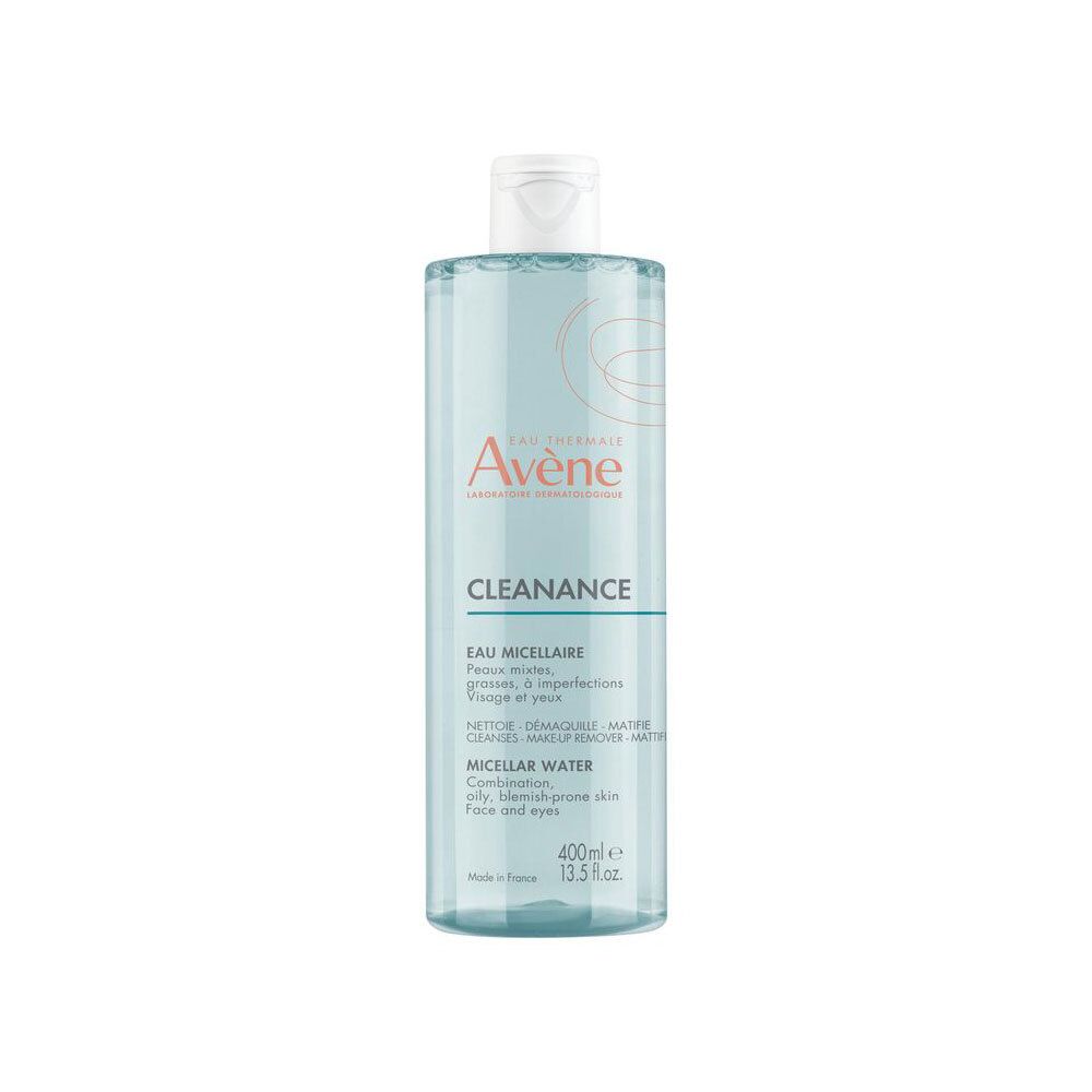 Flacon d'Eau Micellaire Cleanance Avene. Contenu bleu, bouchon blanc. Inscriptions Cleanance et informations produit.