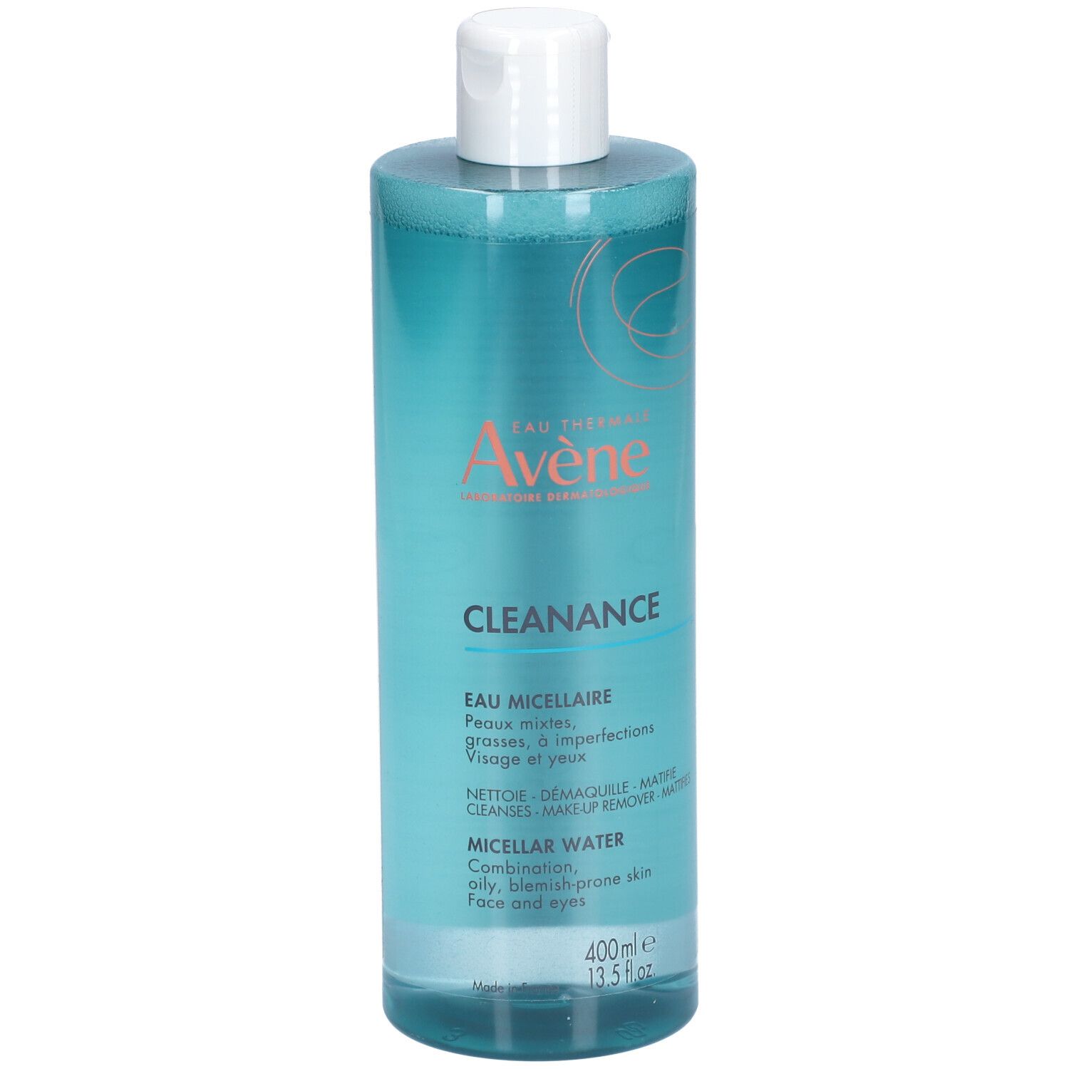 Avene Cleanance Mizellenwasser. Flasche mit blauem Inhalt und weißem Deckel. Aufschrift Cleanance und weitere Produktinformationen.
