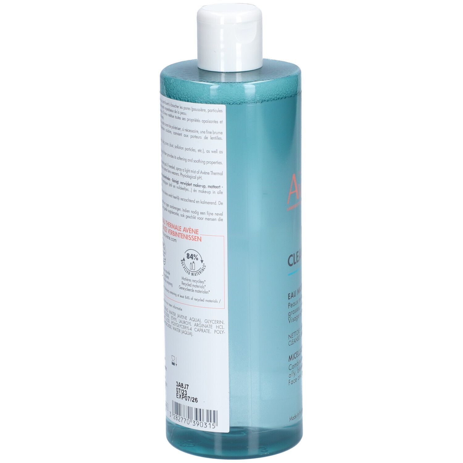Rückseite der Avene Cleanance Mizellenwasser Flasche. Text mit Produktinformationen und Zertifizierungen.