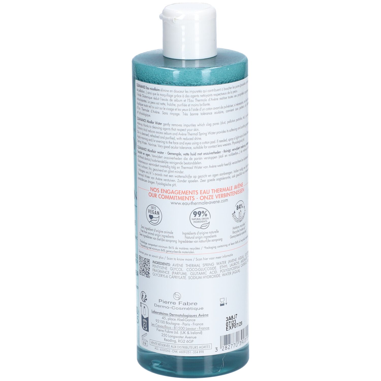 Rückseite der Avene Cleanance Mizellenwasser Flasche. Text mit Produktinformationen und Zertifizierungen.
