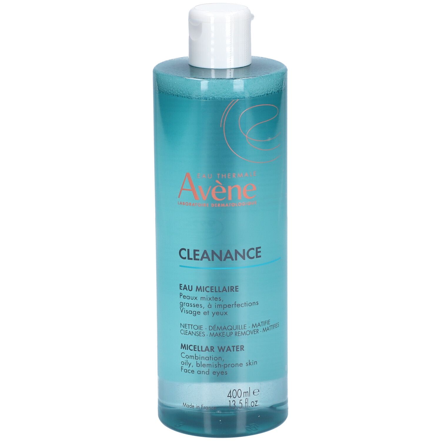 Avene Cleanance Mizellenwasser. Flasche mit blauem Inhalt und weißem Deckel. Aufschrift Cleanance und weitere Produktinformationen.