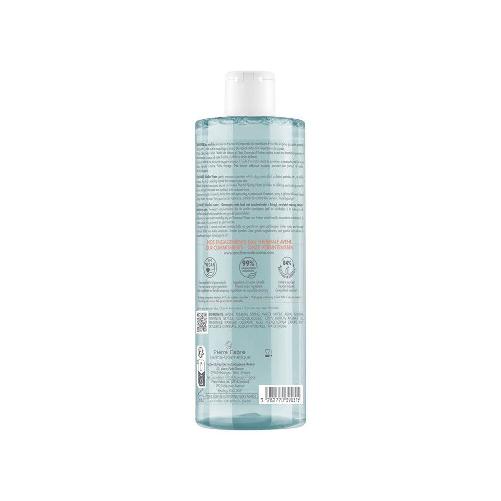 Dos du flacon d'Eau Micellaire Cleanance Avene. Texte avec informations produit et certifications.