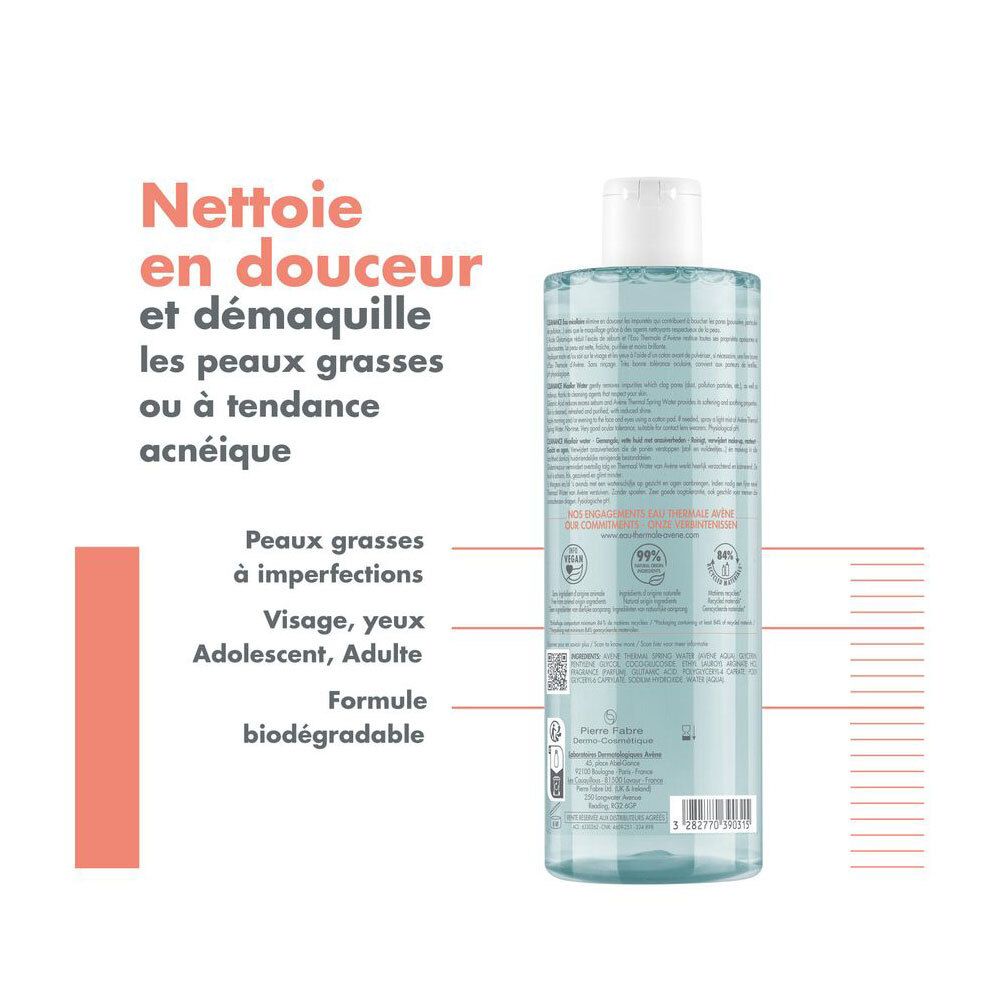Dos du flacon d'Eau Micellaire Cleanance Avene. Texte avec informations produit et certifications.