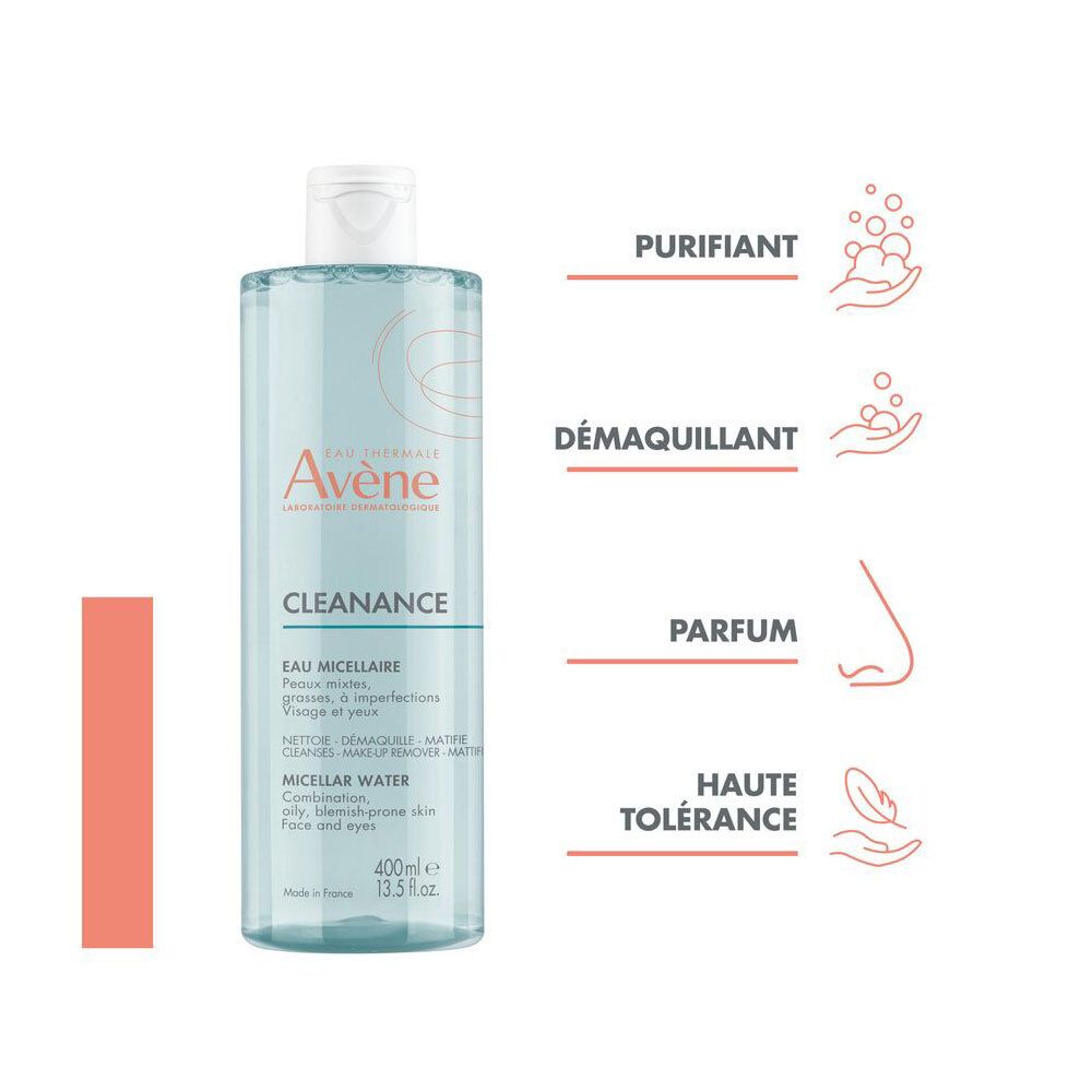 Flacon d'Eau Micellaire Cleanance Avene. Contenu bleu, bouchon blanc. Inscriptions Cleanance et informations produit.