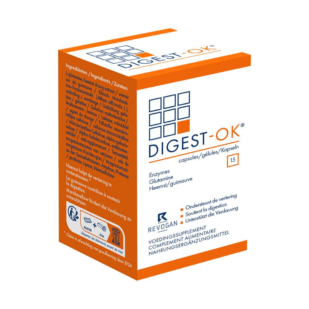 Boîte DIGEST-OK®. Boîte orange avec logo et informations produit. 15 gélules.