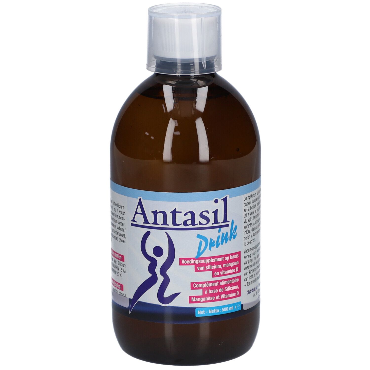 Braune Flasche mit weißem Verschluss. Aufschrift: Antasil Drink. Ergänzungsmittel mit Silizium, Mangan und Vitamin D.