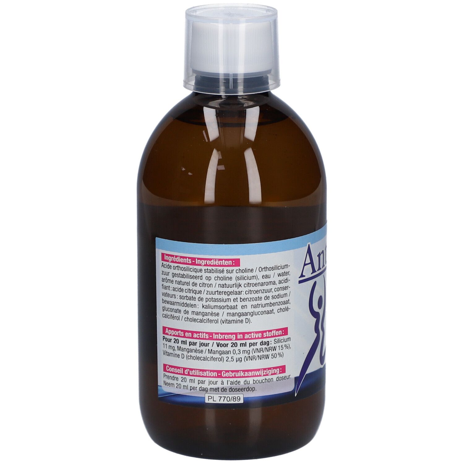 Rückseite der braunen Flasche. Zutatenliste und Nährwertangaben. Aufschrift: Antasil Drink. Mit Dosierungsempfehlung.