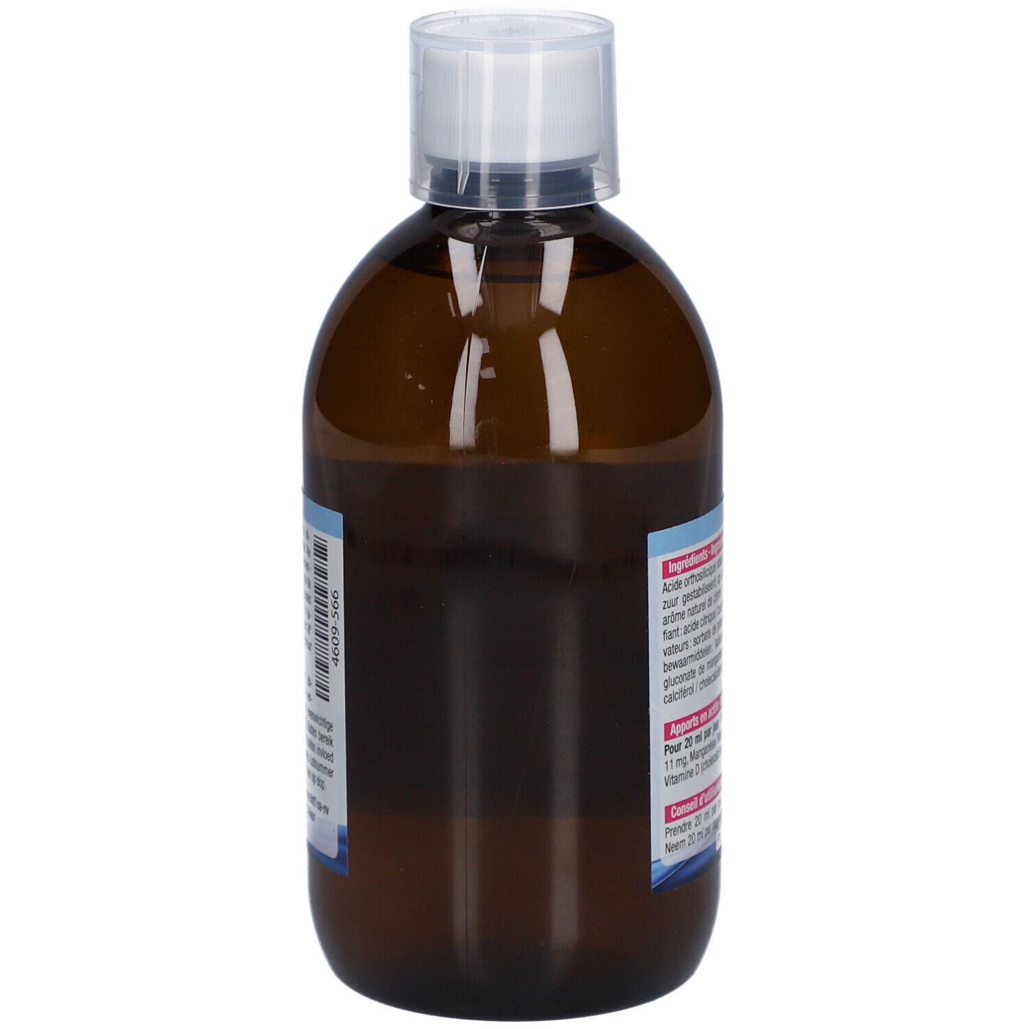Rückansicht der braunen Flasche. Zutatenliste und Nährwertangaben. Aufschrift: Antasil Drink. Mit Dosierungsempfehlung.