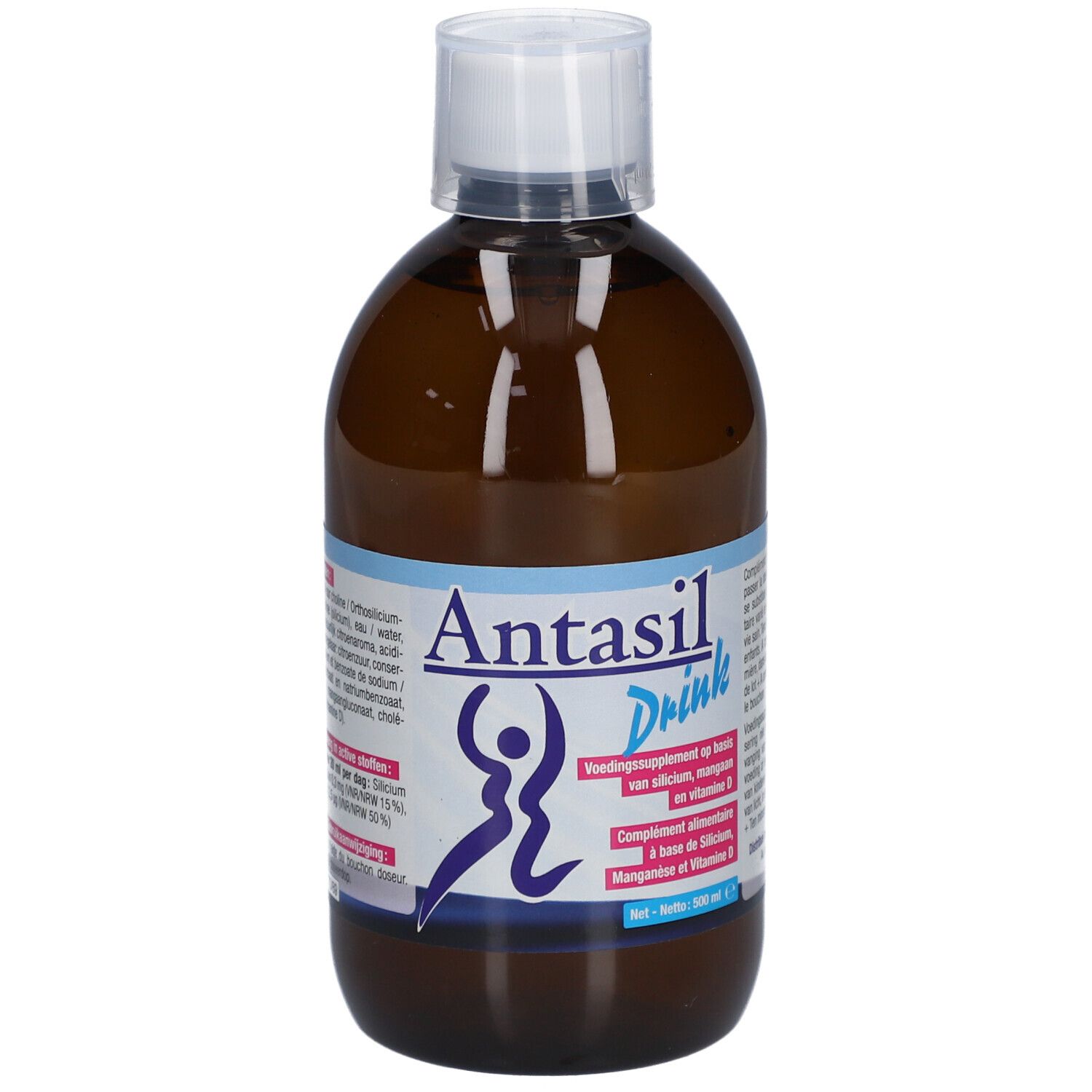 Braune Flasche mit weißem Verschluss. Aufschrift: Antasil Drink. Ergänzungsmittel mit Silizium, Mangan und Vitamin D.