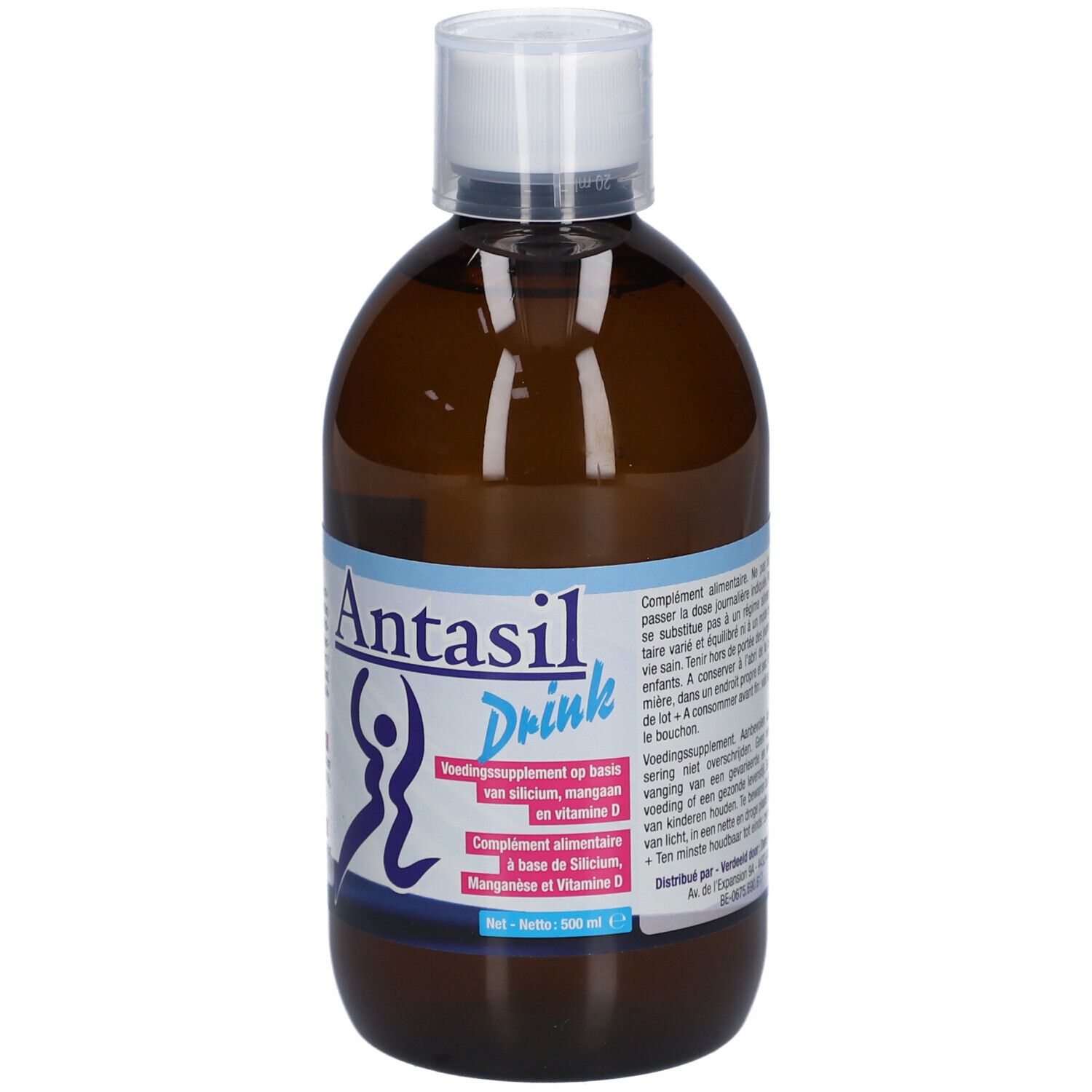 Braune Flasche mit weißem Verschluss. Aufschrift: Antasil Drink. Ergänzungsmittel mit Silizium, Mangan und Vitamin D.