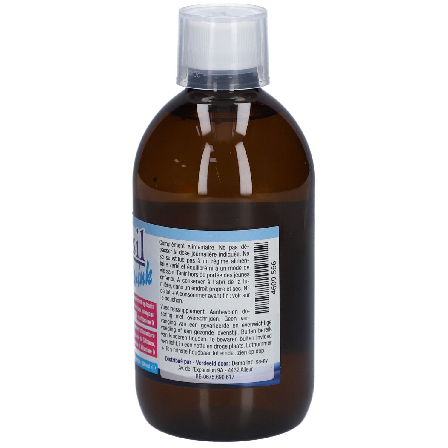 Rückseite der braunen Flasche. Aufschrift: Antasil Drink. Ergänzungsmittel. Informationen zur täglichen Dosis und Lagerung.