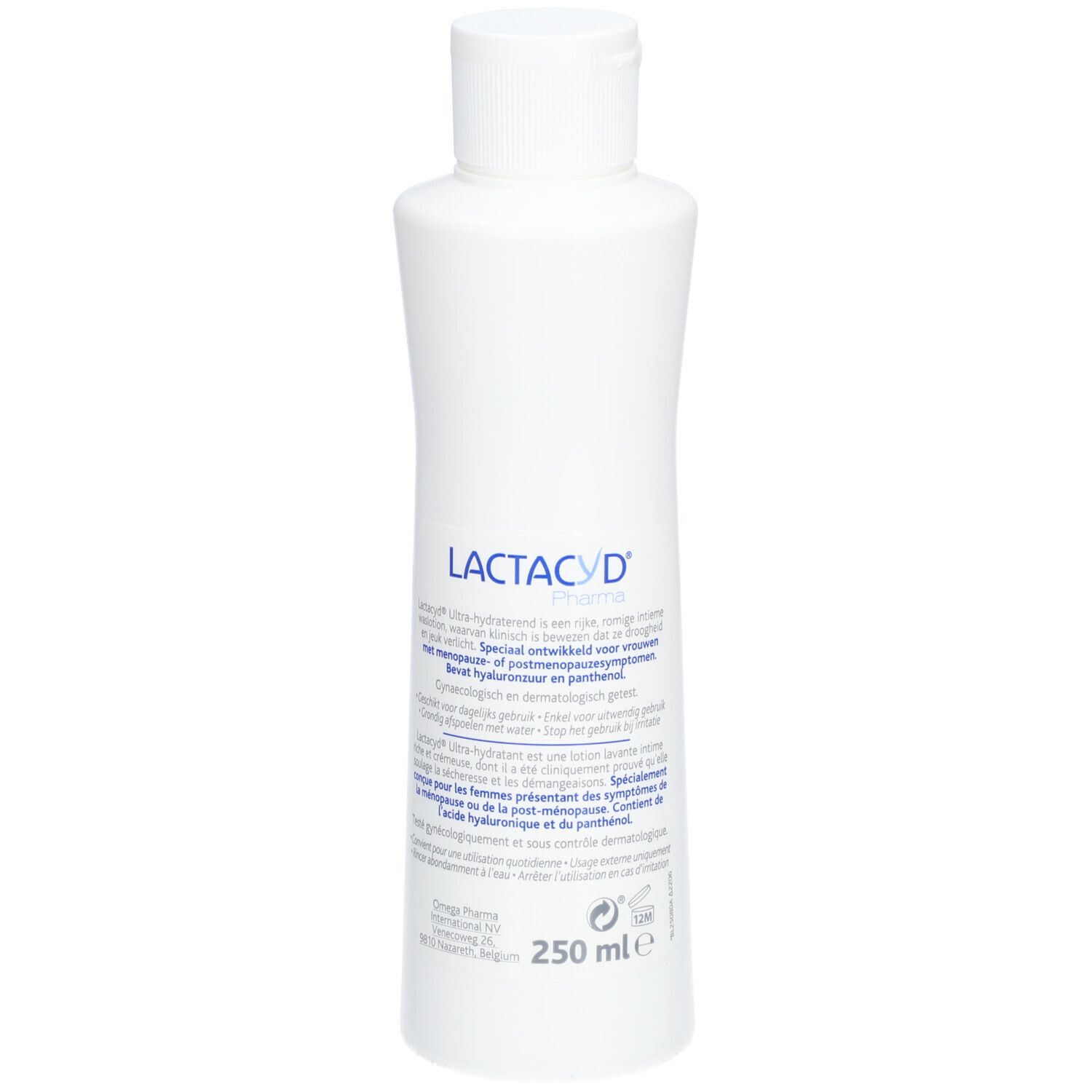 Weiße Flasche Lactacyd Pharma Creme mit 250 ml Inhalt. Enthält Hyaluronsäure und Panthenol.