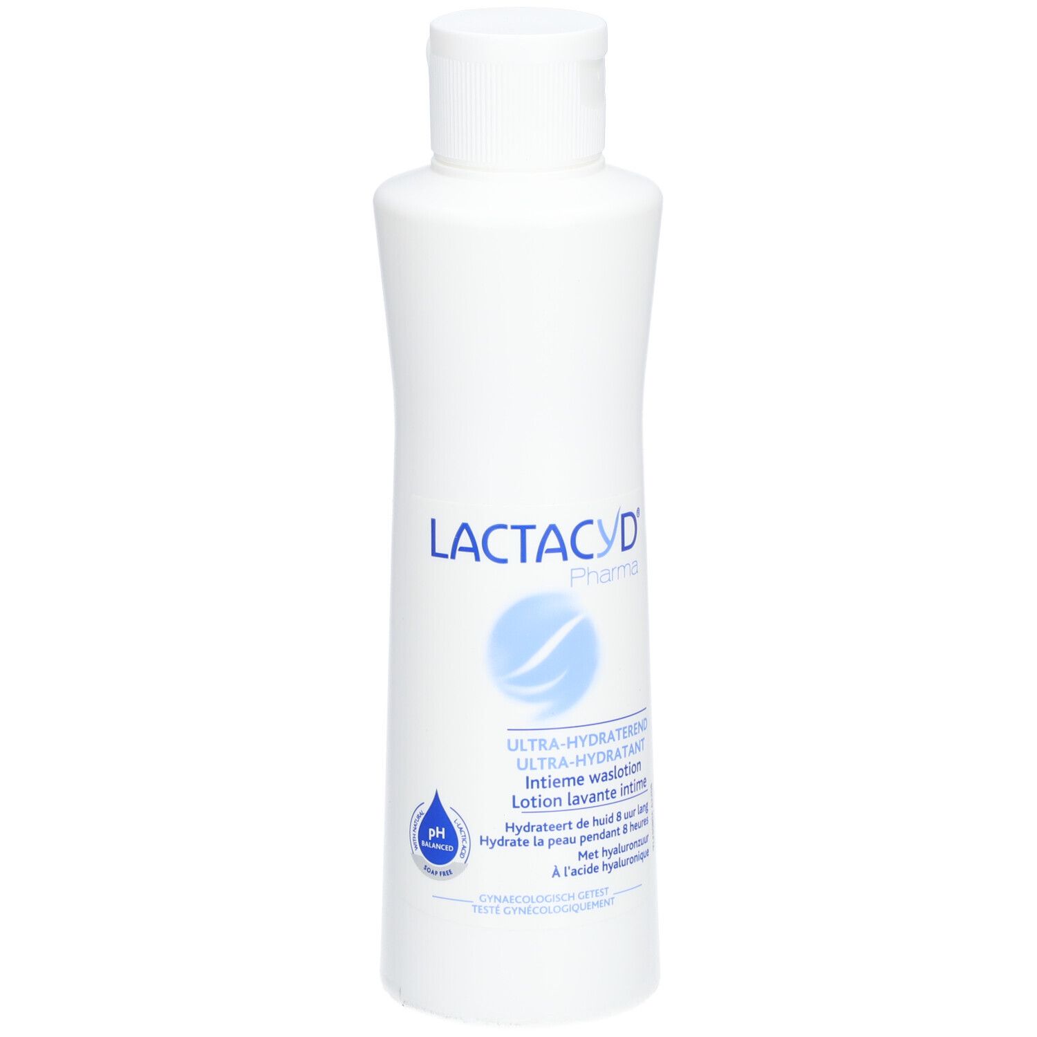 Weiße Flasche mit Lactacyd Pharma Aufschrift. Enthält Intimwaschlotion mit Hyaluronsäure.