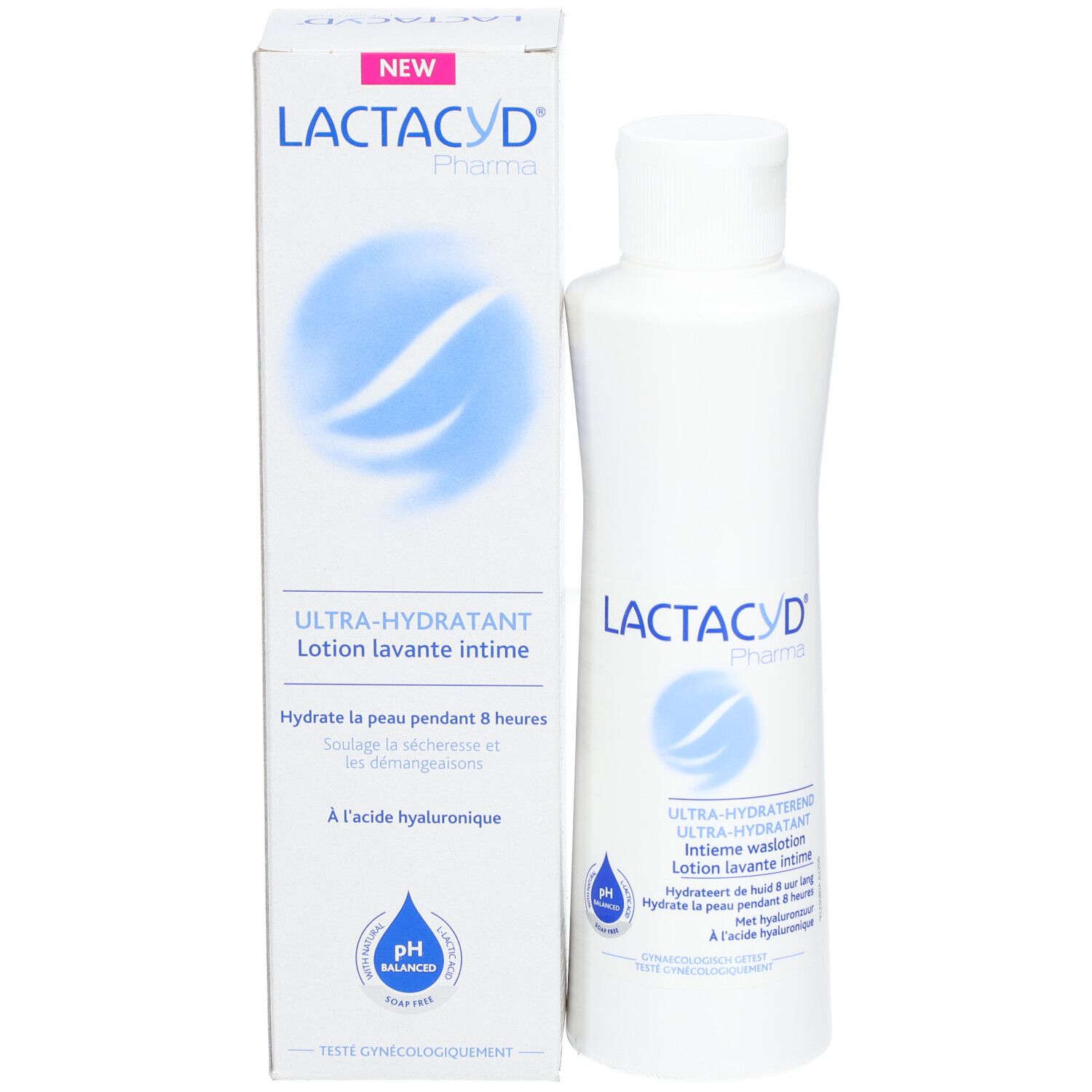 Lactacyd Pharma Ultra-Hydratant Intimwaschlotion in weißer Flasche mit Faltschachtel. Enthält Hyaluronsäure.