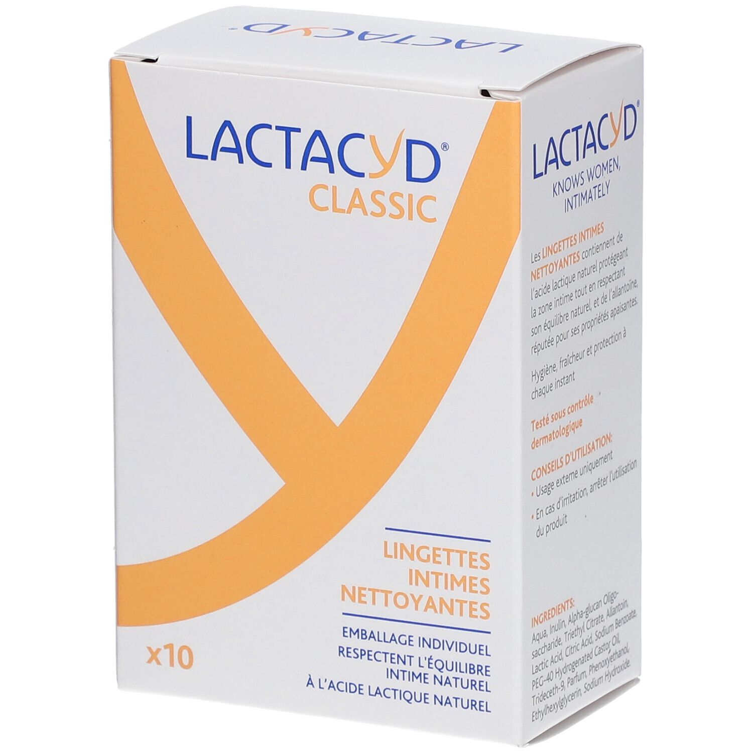 Lactacyd Classic Box mit 10 Reinigungstüchern für die Intimpflege.