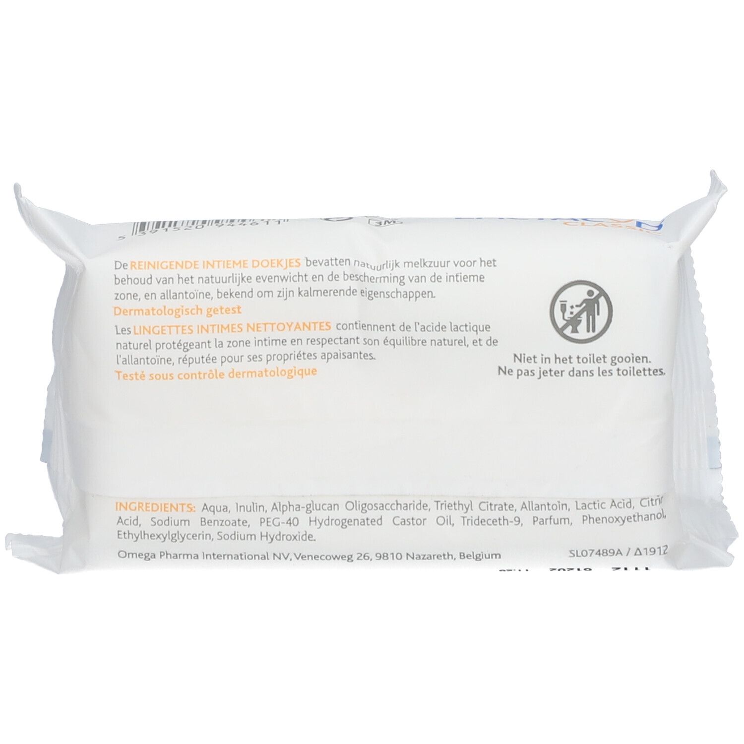 Dos du paquet de lingettes Lactacyd Classic. Texte en néerlandais et français. Ne pas jeter dans les toilettes.