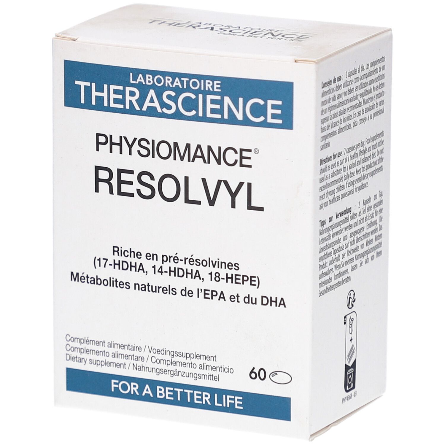 Weißer Karton mit blauer Schrift. Aufschrift: PHYSIOMANCE RESOLVYL. Enthält 60 Kapseln. Text in Französisch, Niederländisch, Italienisch.