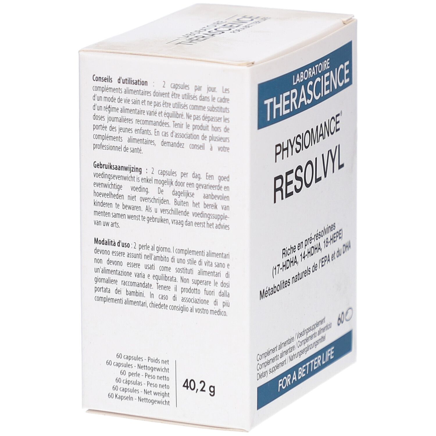 Weißer Karton mit Text. Aufschrift: PHYSIOMANCE RESOLVYL. Enthält 60 Kapseln. Text in Französisch, Niederländisch, Italienisch und Deutsch.
