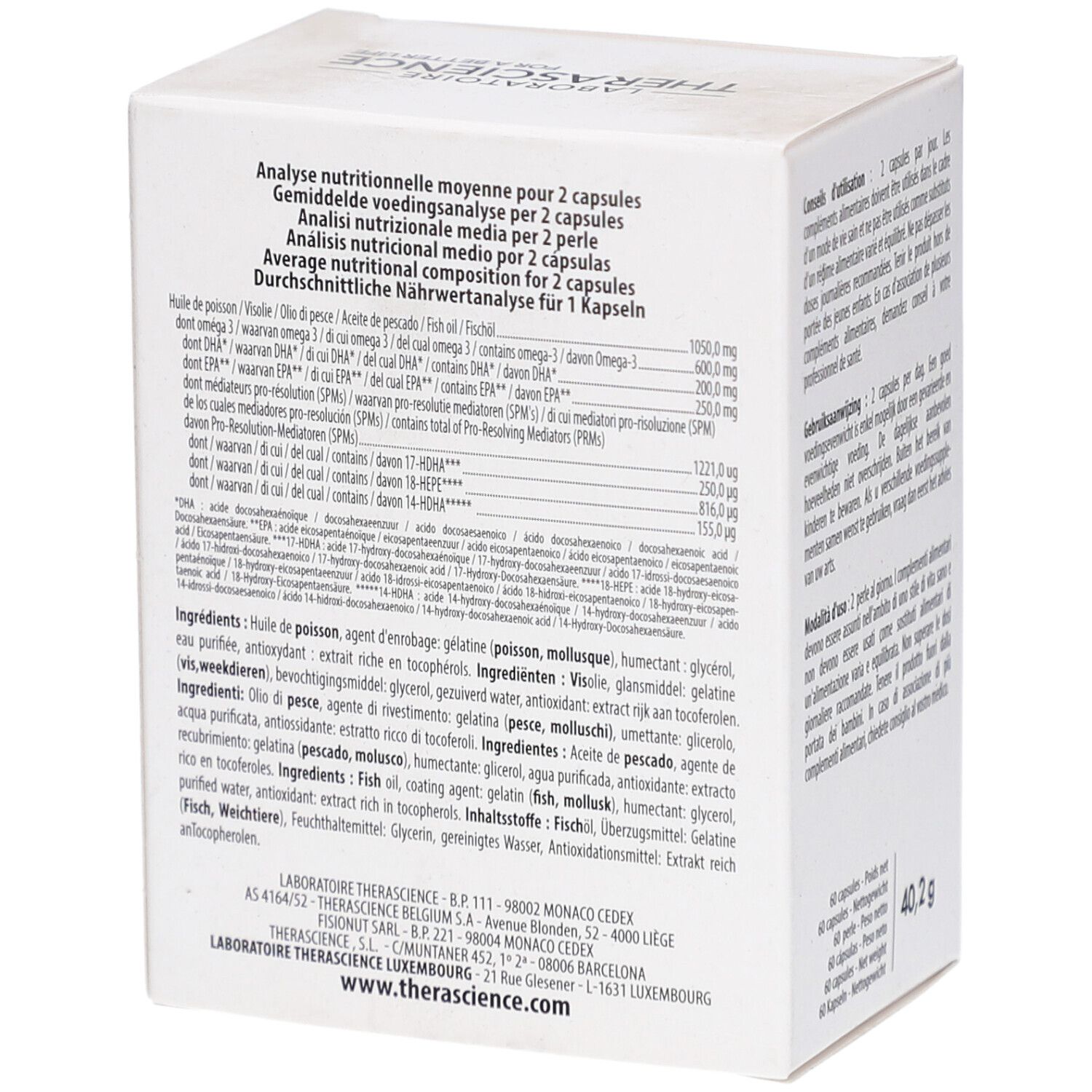 Weißer Karton mit Text und Inhaltsangaben. Aufschrift: PHYSIOMANCE RESOLVYL. Enthält 60 Kapseln. Text in mehreren Sprachen.