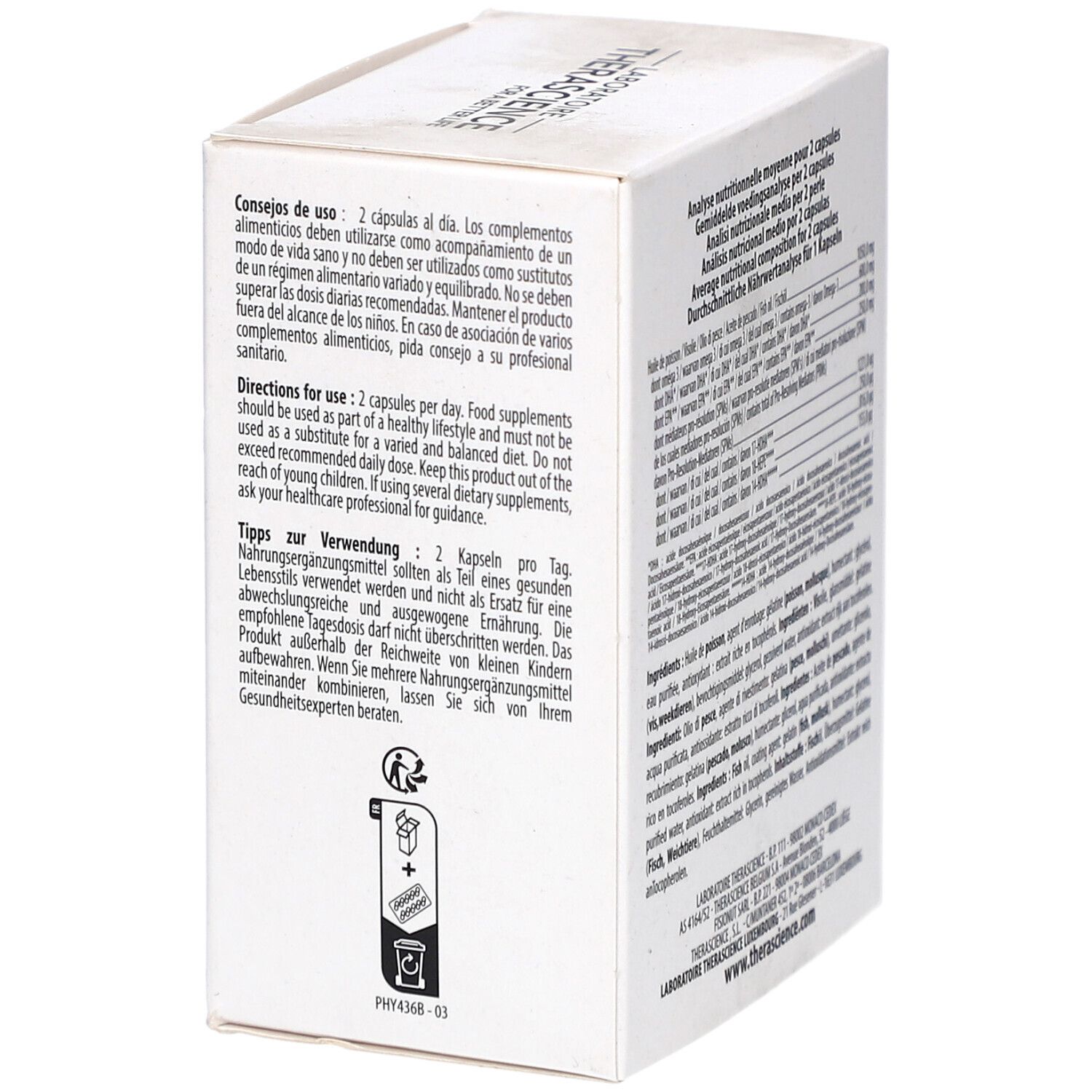 Weißer Karton mit Text. Aufschrift: PHYSIOMANCE RESOLVYL. Enthält 60 Kapseln. Text in mehreren Sprachen. Mit Piktogrammen.