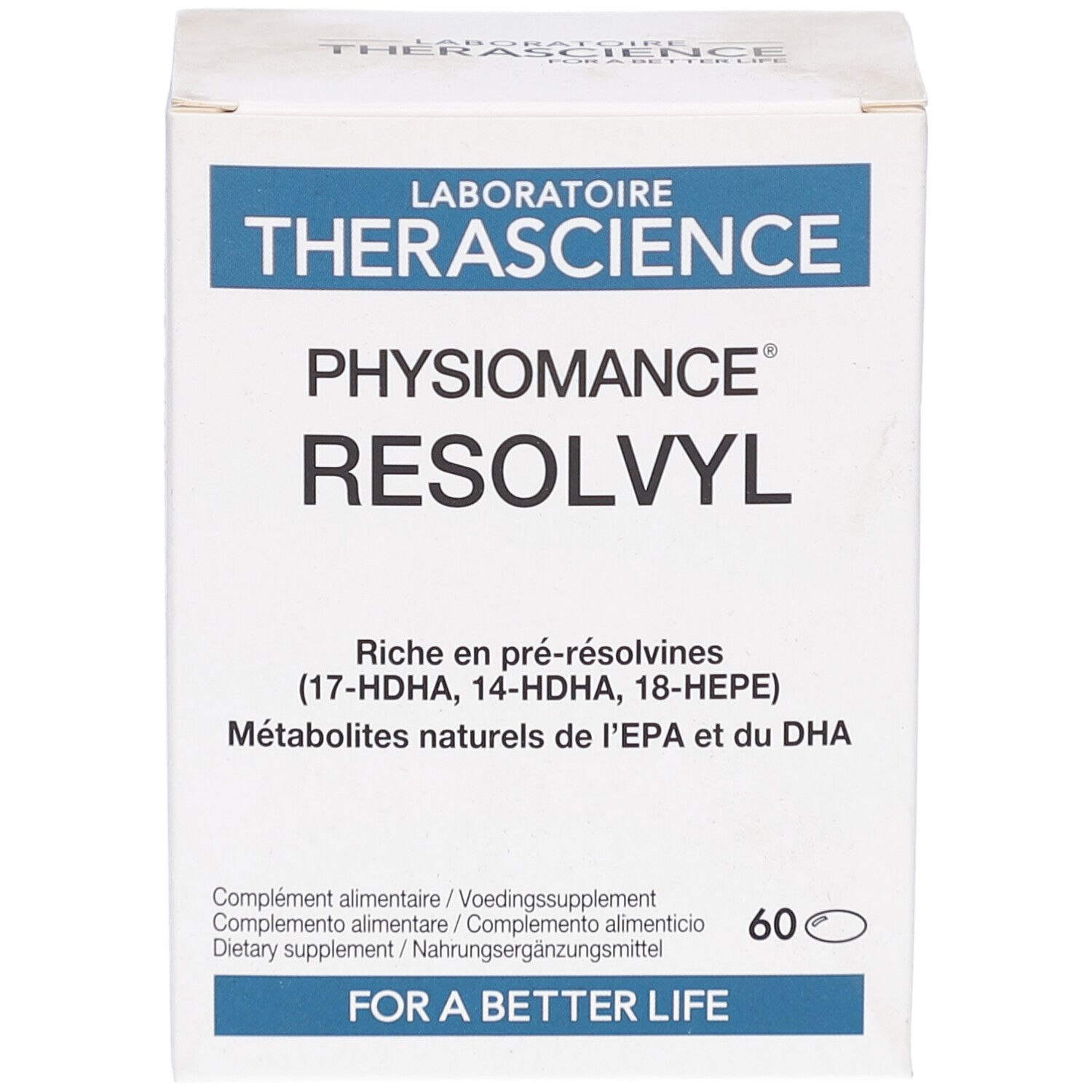 Weißer Karton mit blauer Schrift. Aufschrift: PHYSIOMANCE RESOLVYL. Enthält 60 Kapseln. Text in Französisch, Niederländisch, Italienisch und Deutsch.