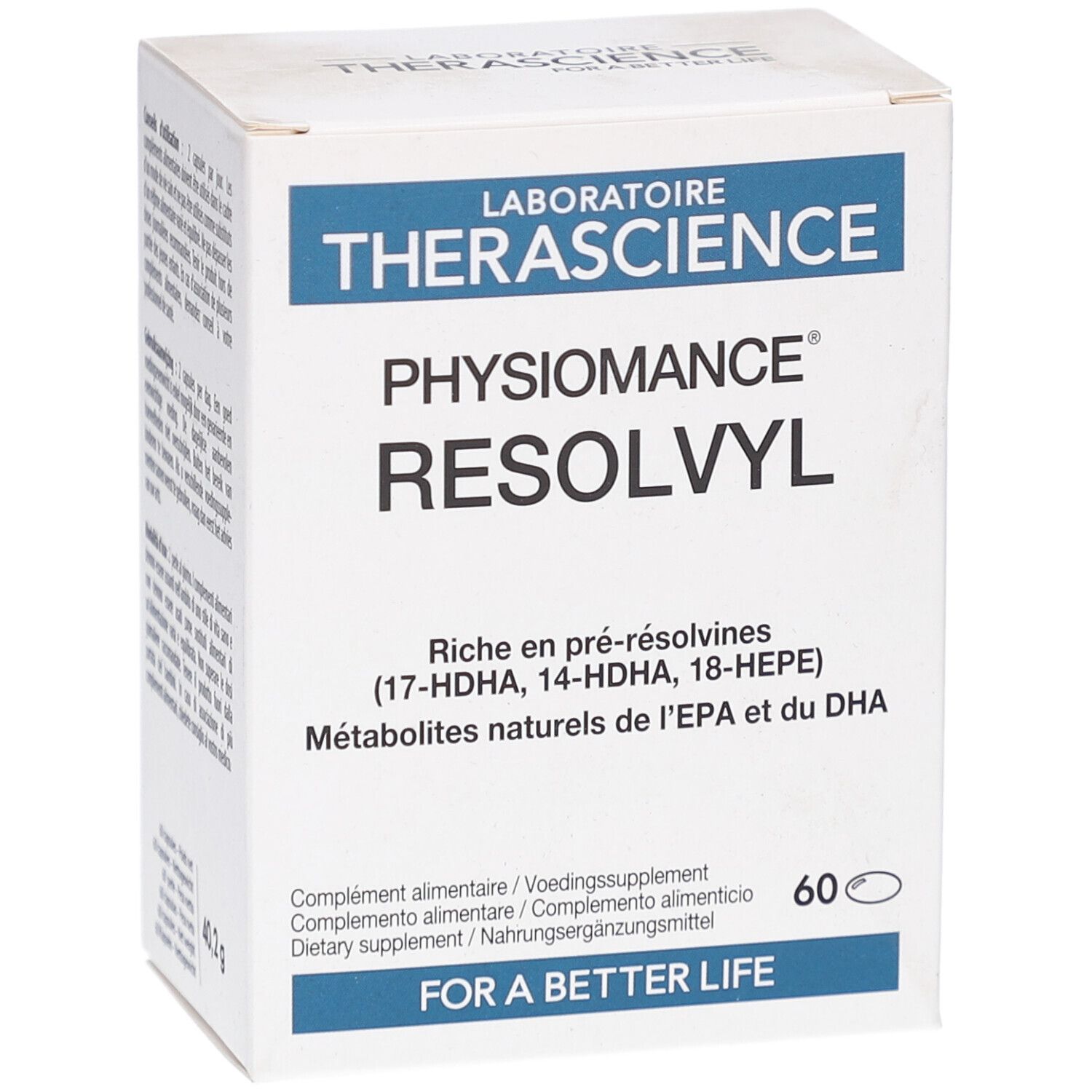 Weißer Karton mit blauer Schrift. Aufschrift: PHYSIOMANCE RESOLVYL. Enthält 60 Kapseln. Text in Französisch, Niederländisch, Italienisch und Deutsch.