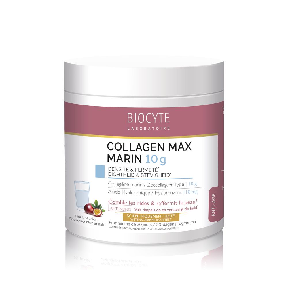 Pot blanc avec inscription Collagen Max Marin 10g. Inscription Biocyte Laboratoire. Illustration de fruit de la passion.