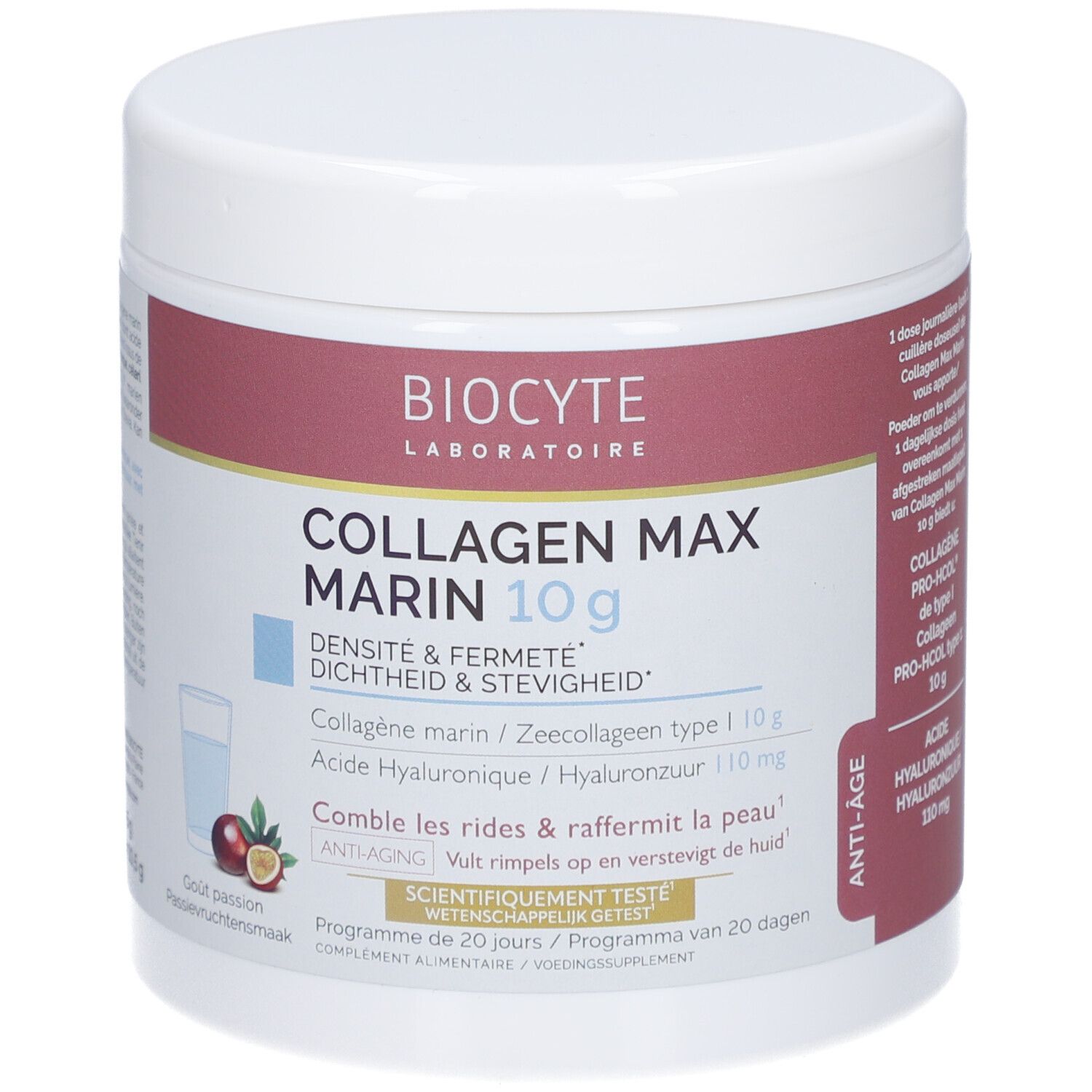 Weißes Produktglas mit Aufschrift Collagen Max Marin 10g. Aufschrift Biocyte Laboratoire. Mit Passionsfrucht-Illustration.