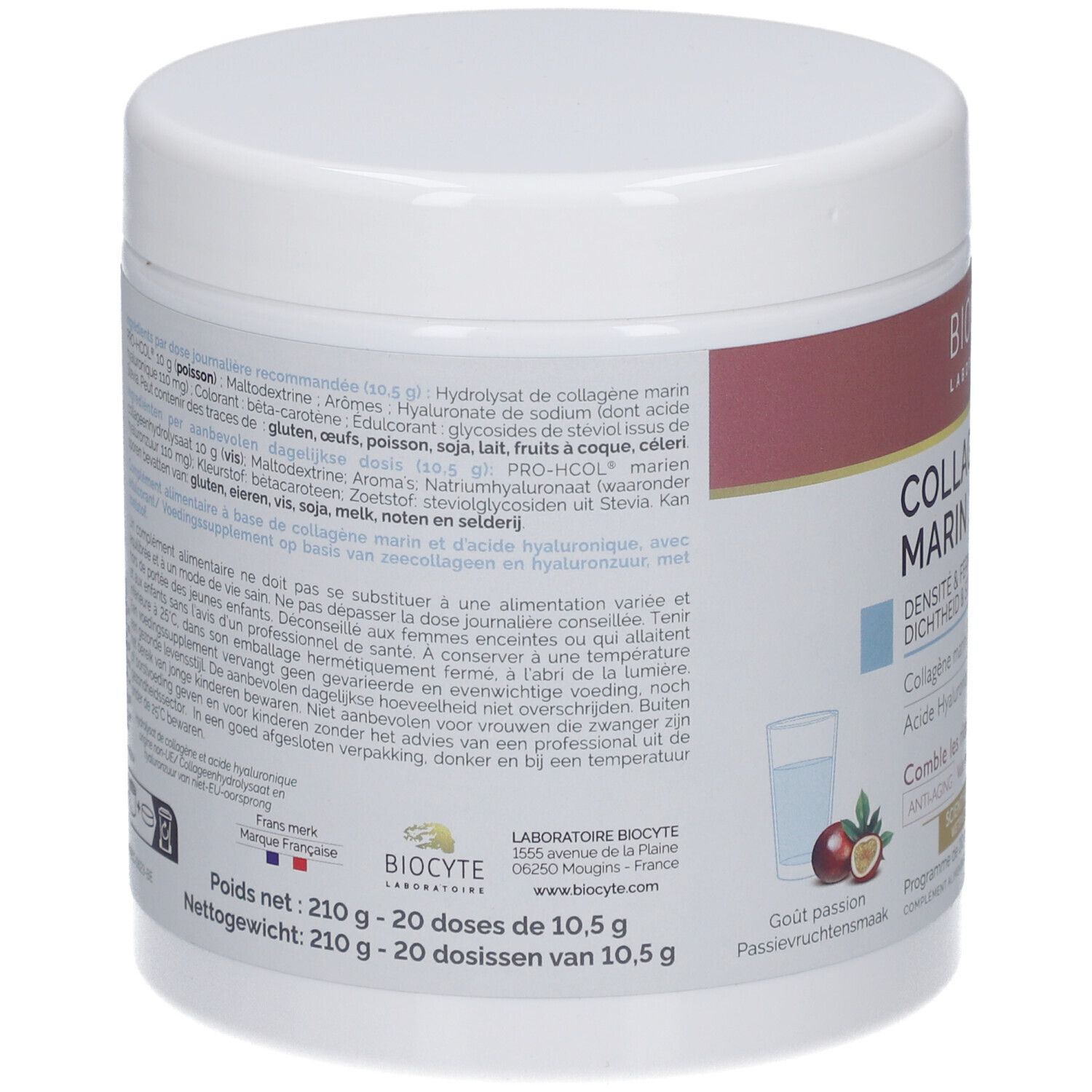 Rückseite des weißen Produkttiegels. Enthält Informationen zu Inhaltsstoffen und Nährwertangaben. Biocyte-Logo.