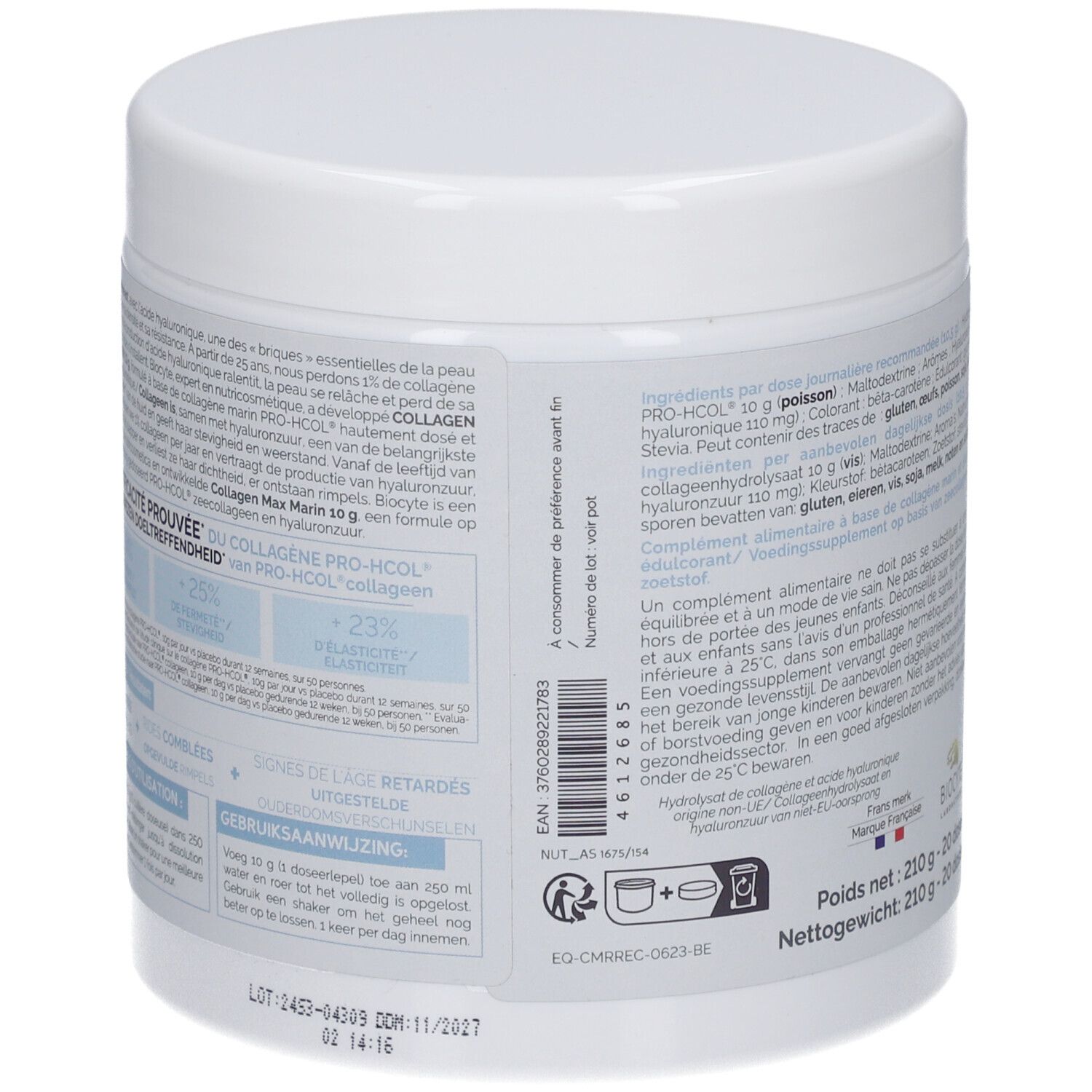 Rückseite des weißen Produkttiegels. Enthält Informationen zu Inhaltsstoffen und Nährwertangaben. Biocyte-Logo.