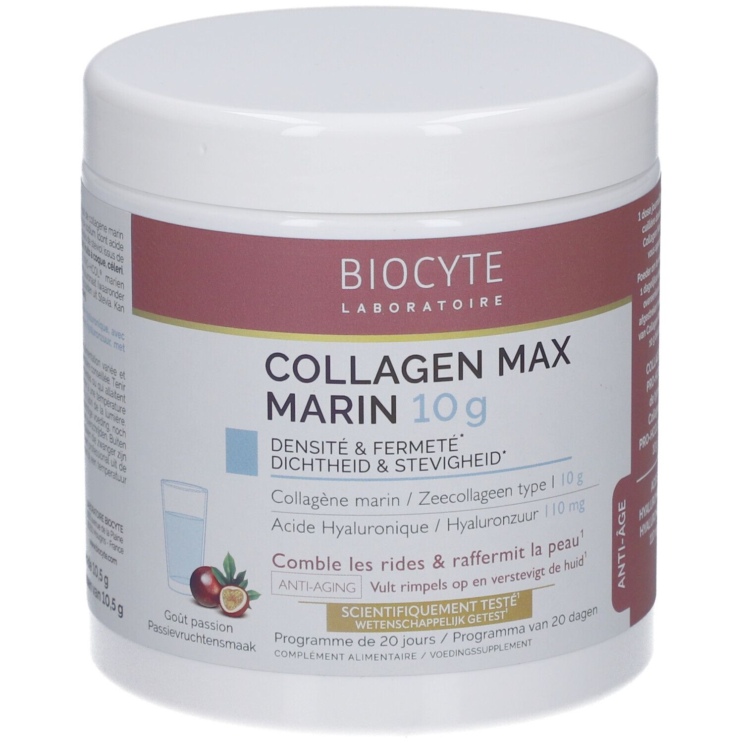 Weißes Produktglas mit Aufschrift Collagen Max Marin 10g. Aufschrift Biocyte Laboratoire. Mit Passionsfrucht-Illustration.