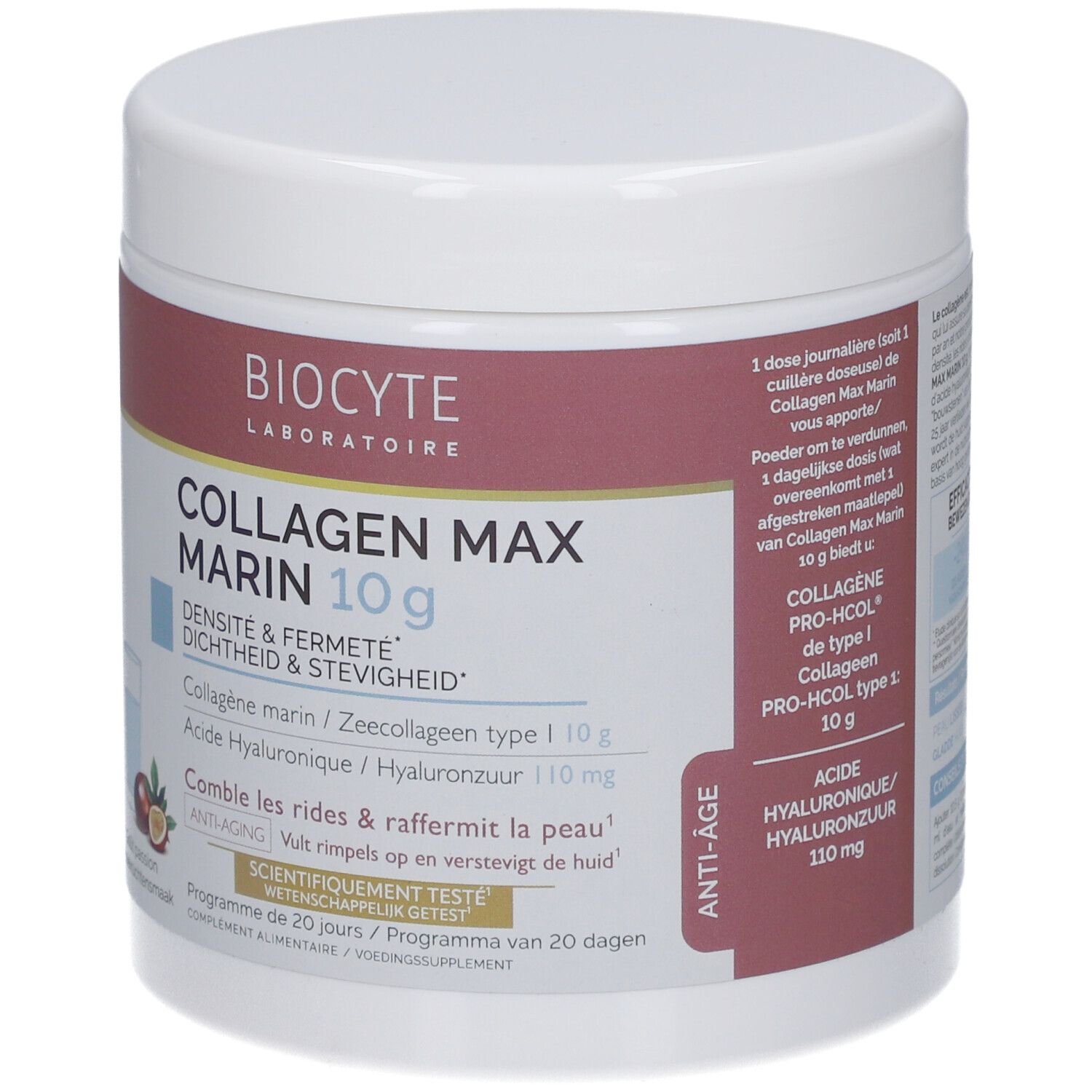 Weißes Produktglas mit Aufschrift Collagen Max Marin 10g. Aufschrift Biocyte Laboratoire. Mit Passionsfrucht-Illustration.