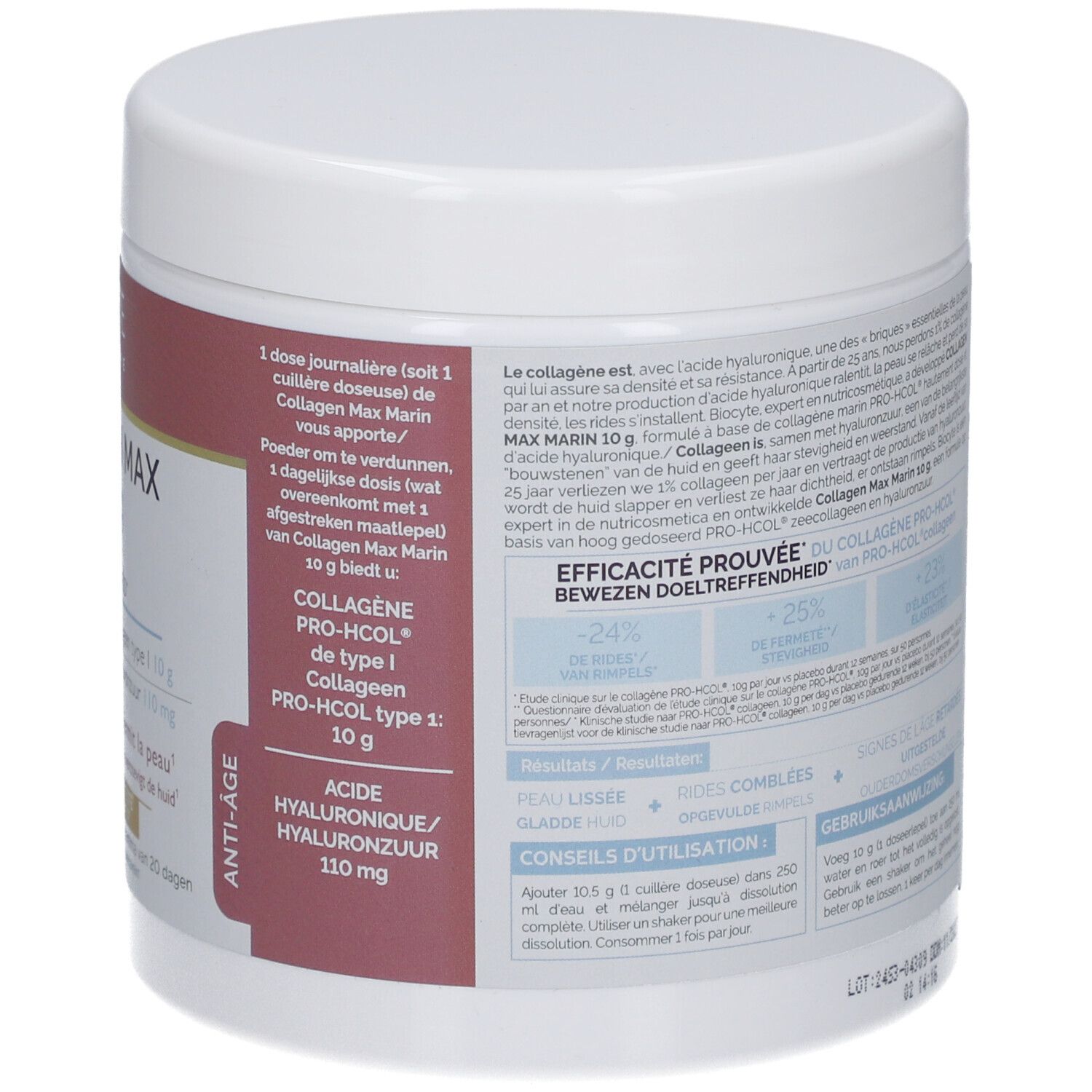 Rückseite des weißen Produkttiegels. Enthält Informationen zu Inhaltsstoffen und Nährwertangaben. Biocyte-Logo.