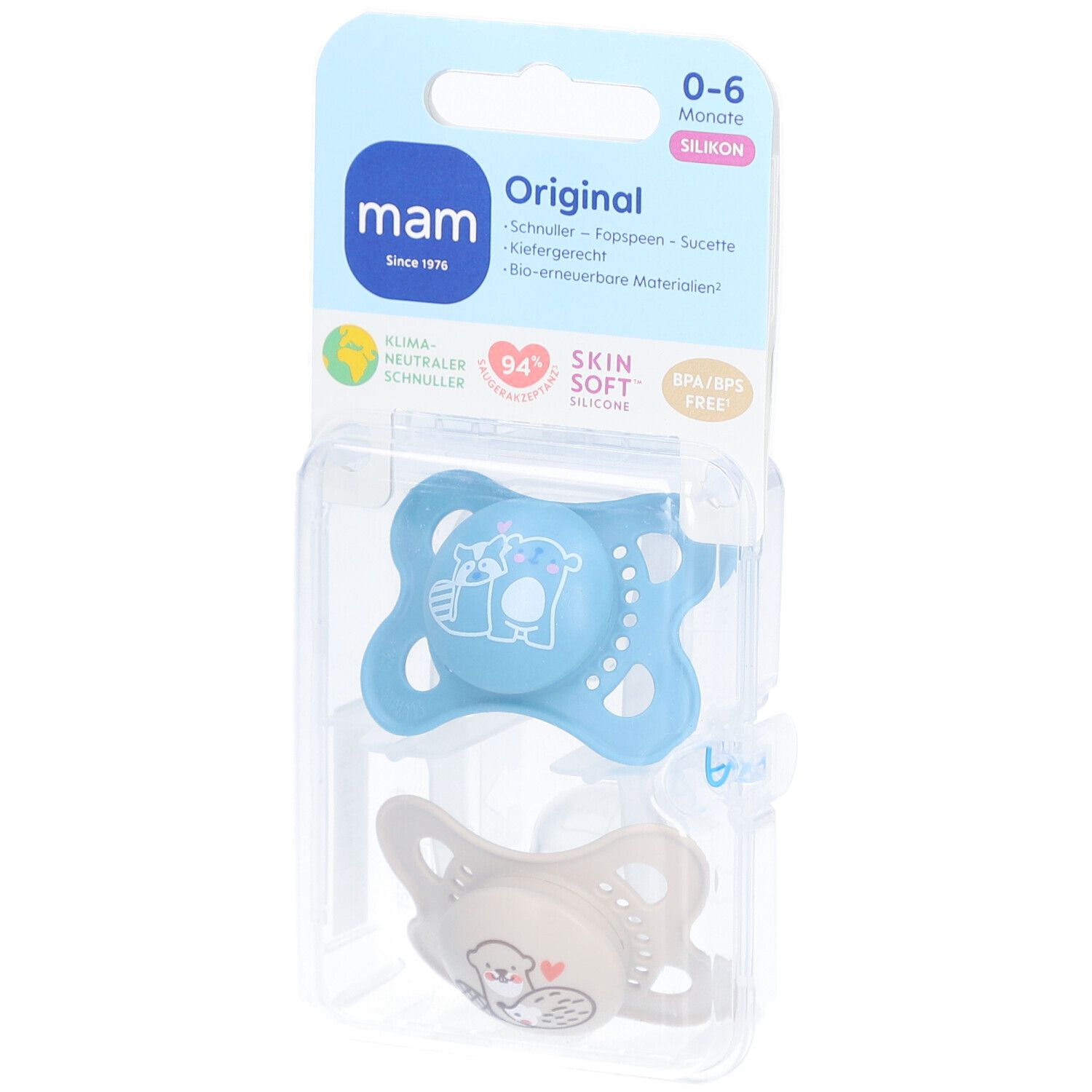 MAM Original Pure Tétines en silicone à motif Bleu-écru 0-6 mois