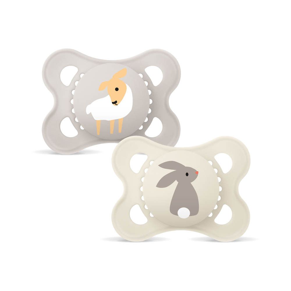 Deux sucettes MAM Original Pure (0-6 mois) avec motifs animaux : lapin et faon. En silicone, sans BPA/BPS.