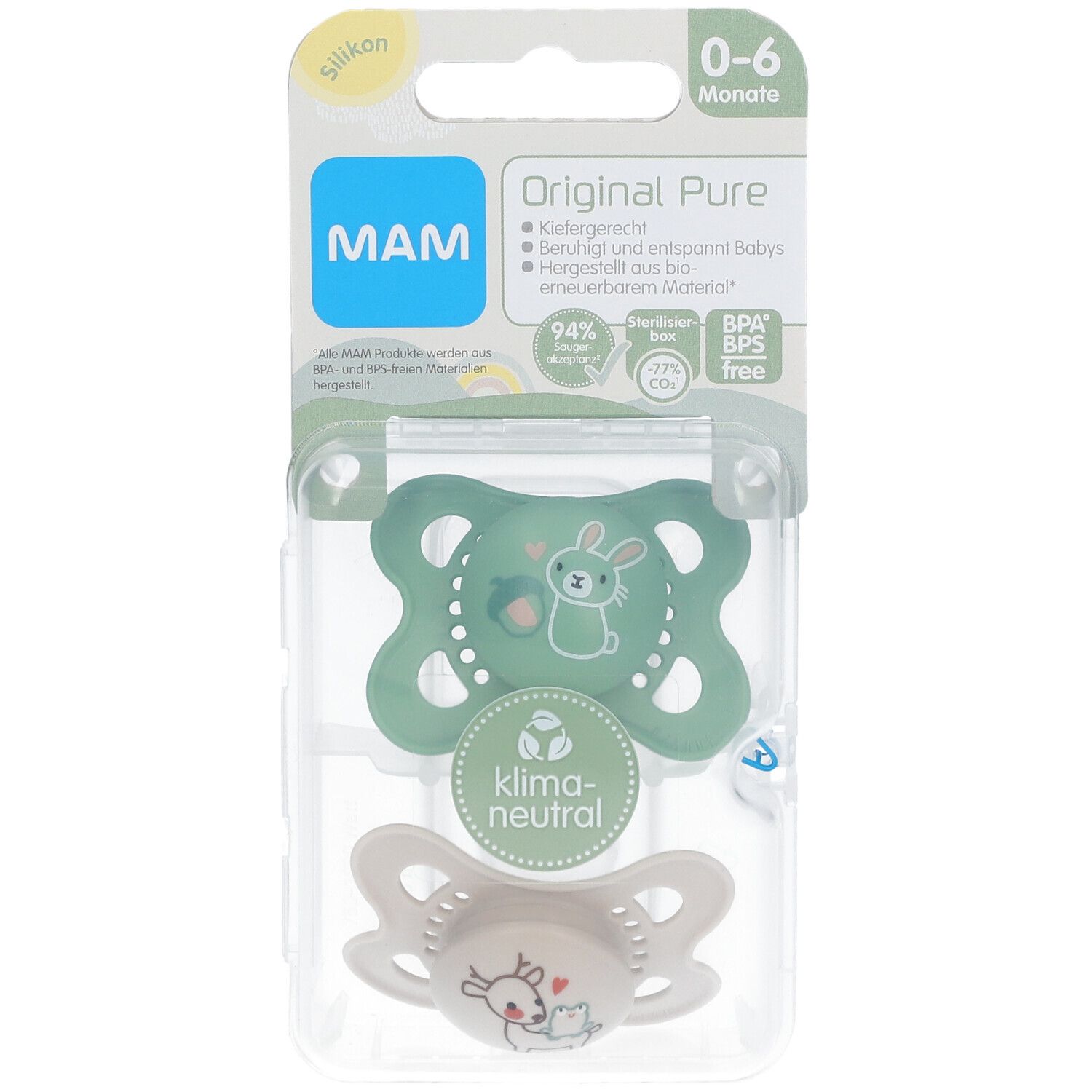 MAM Original Pure Silikonschnuller 0-6 Monate, Hase/ Reh