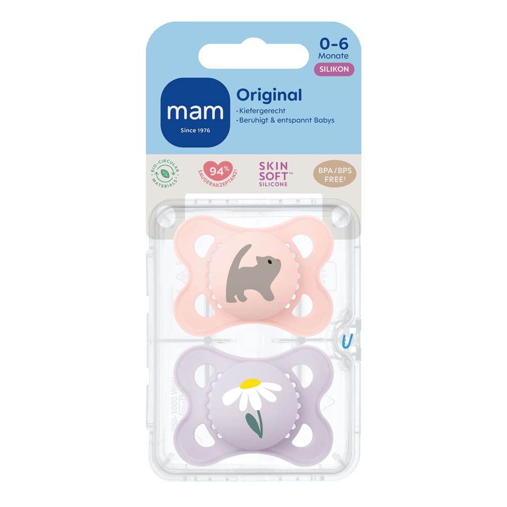 Deux sucettes MAM Original Pure en silicone (0-6 mois) avec motifs renard et hibou, emballées.
