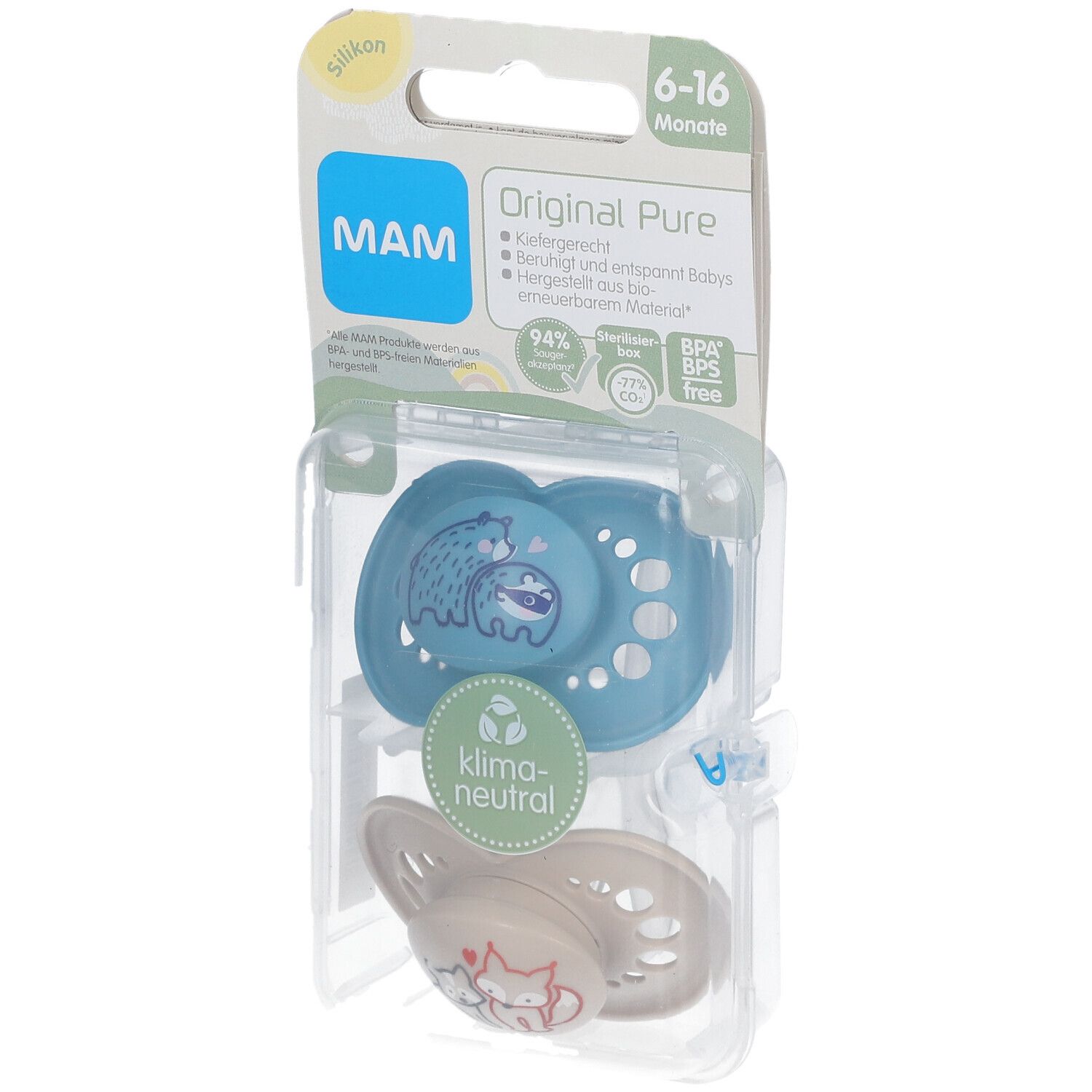 MAM Original Pure Tétines en silicone à motif Bleu-écru 6-16 mois