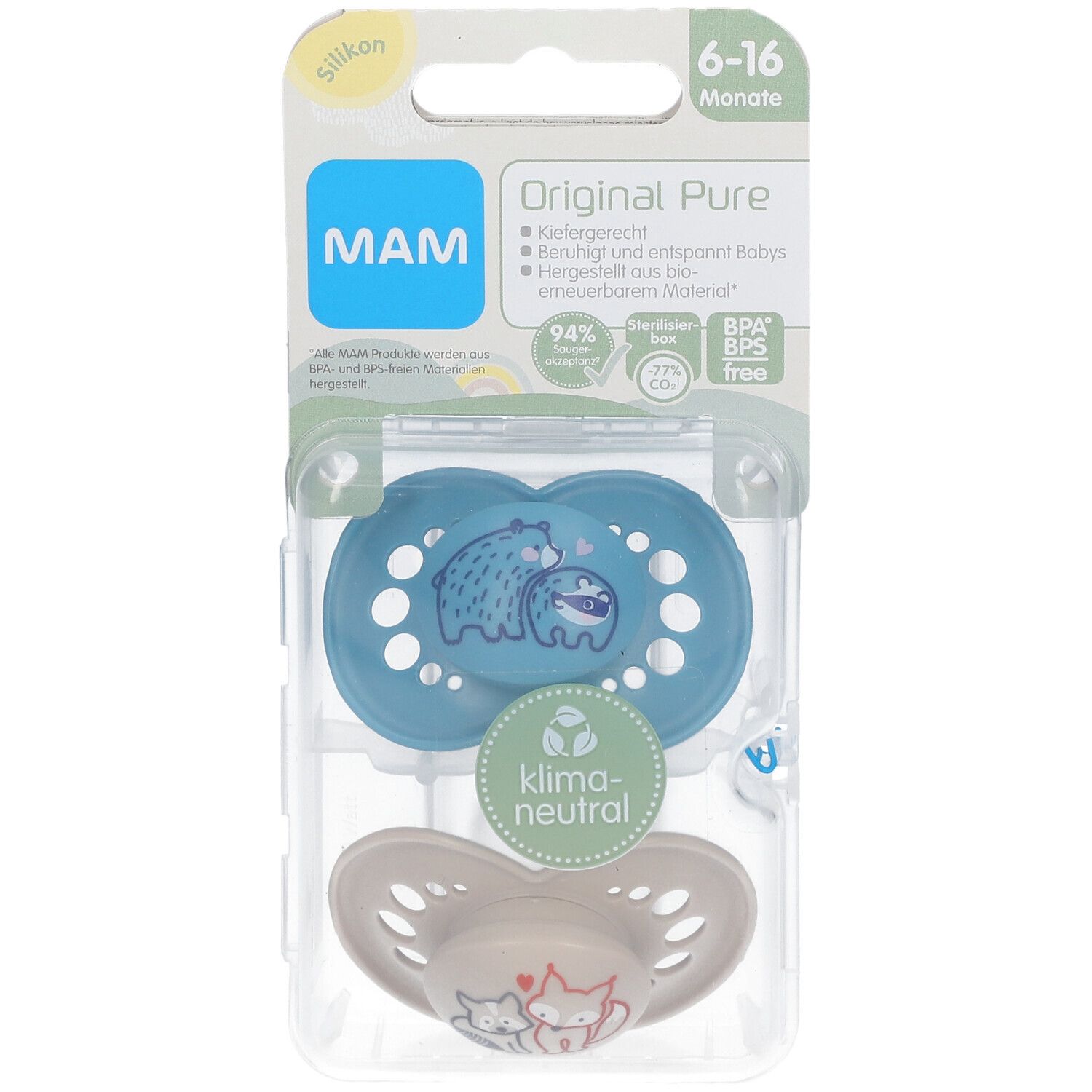 MAM Original Pure Tétines en silicone à motif Bleu-écru 6-16 mois