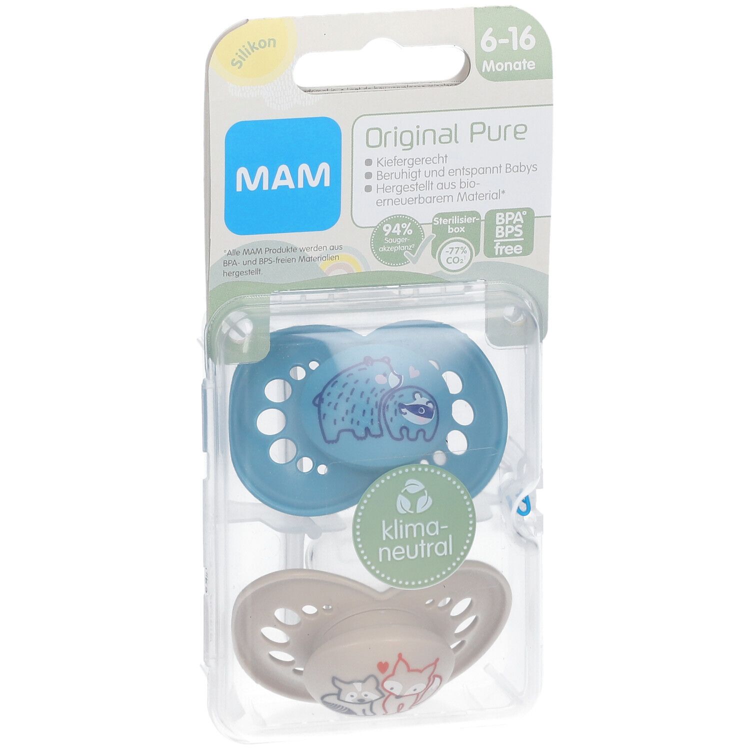 MAM Original Pure Tétines en silicone à motif Bleu-écru 6-16 mois