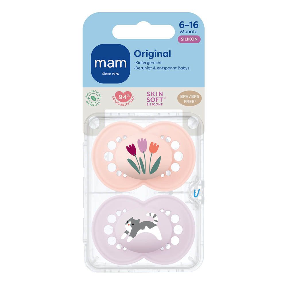 Deux sucettes MAM Original Pure (6-16 mois) rose motif chevreuil et oiseau, et violet motif oiseau, dans leur emballage.